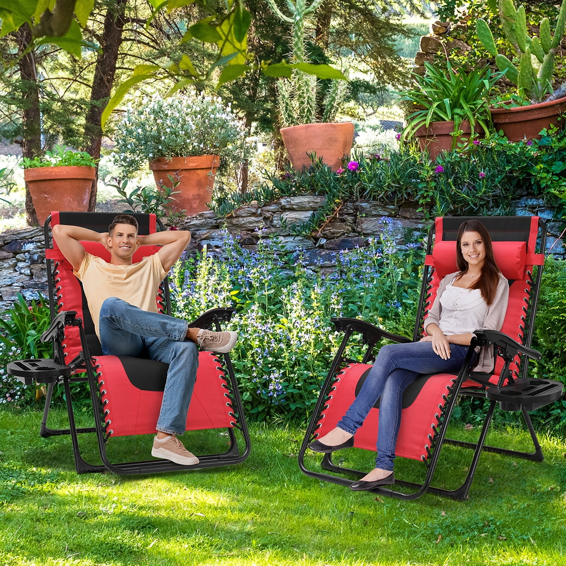 LAZY BUDDY Oversized Padded Zero Gravity Lounge Chairs Set, 2pcs Folding Patio Recliner with Adjustable Headrest & Tray