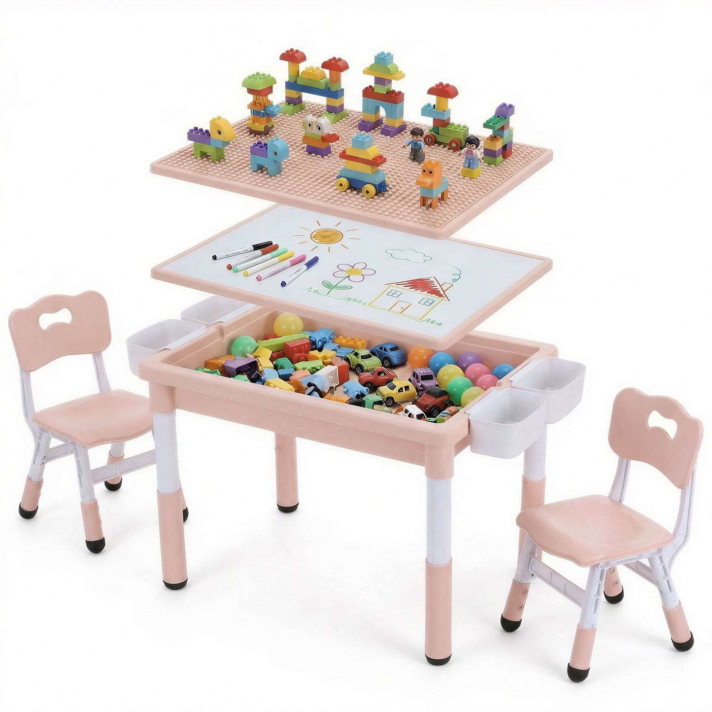 LAZY BUDDY Kids Table and Chairs Set with Storage Boxes, Height Adjustable Toddler Activity Table and 2 Chairs Set with Graffiti & Building Blocks Double-Sided Tabletop