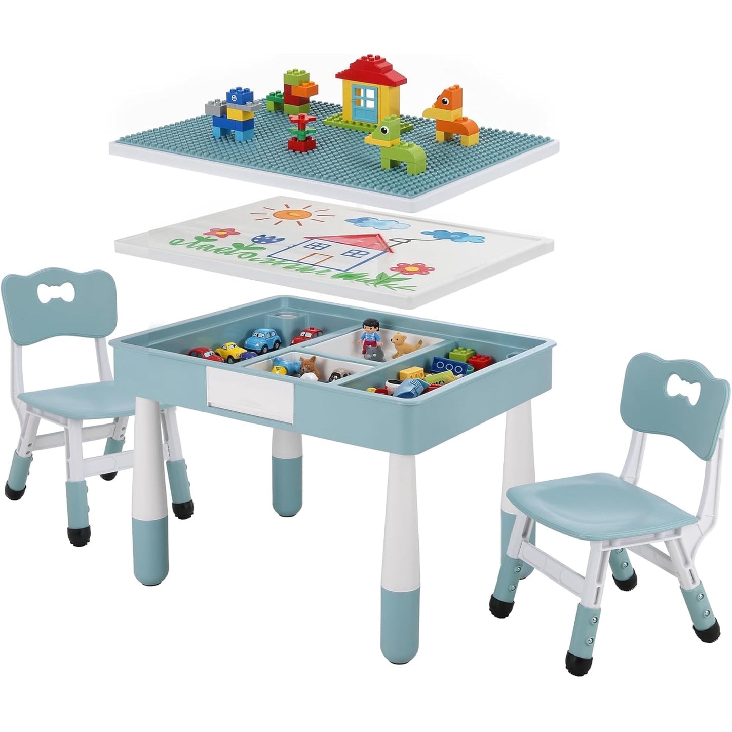 LAZY BUDDY Kids Table and Chairs Set with Storage, Height Adjustable Toddler Activity Table and 2 Chairs Set with 2 in 1 Graffiti/Block Building Desktop, for Playroom, Preschool, Classroom