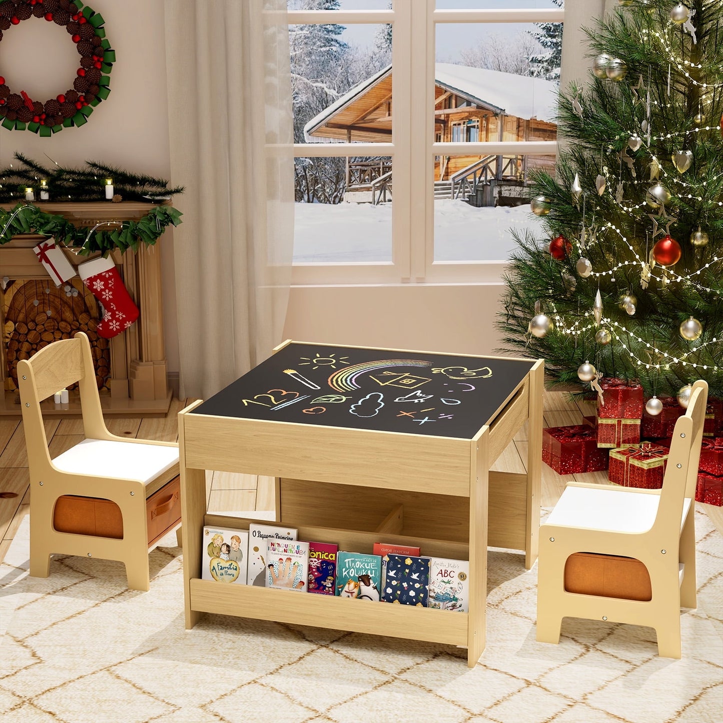 LAZY BUDDY Kids Table and Chairs Set, Toddler Desk with Storage Drawer, Wooden Activity Table Set with Detachable Tabletop, Bookshelf for Classroom/Home/Nursery
