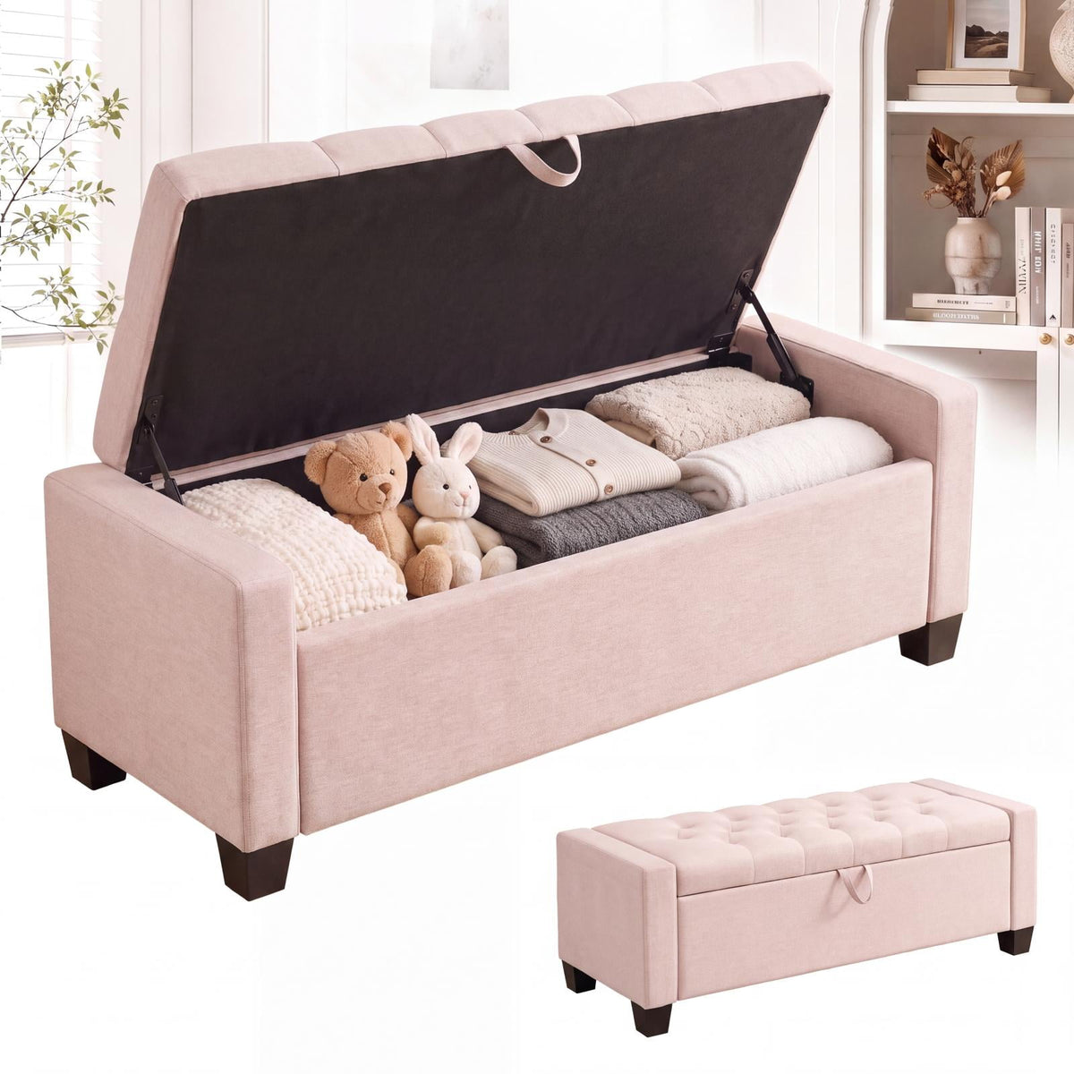 LAZY BUDDY 48'' Ottoman with Storage, Upholstered Storage Ottoman Bench with Safety Hinge, for Bedroom, Living Room, Entryway
