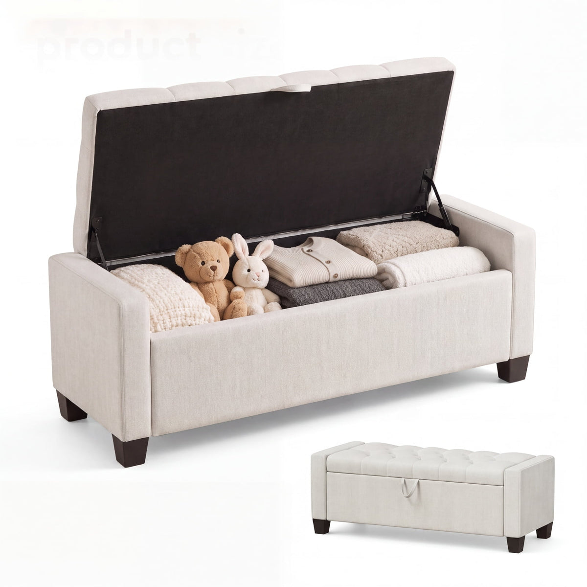 LAZY BUDDY 48'' Ottoman with Storage, Upholstered Storage Ottoman Bench with Safety Hinge, for Bedroom, Living Room, Entryway