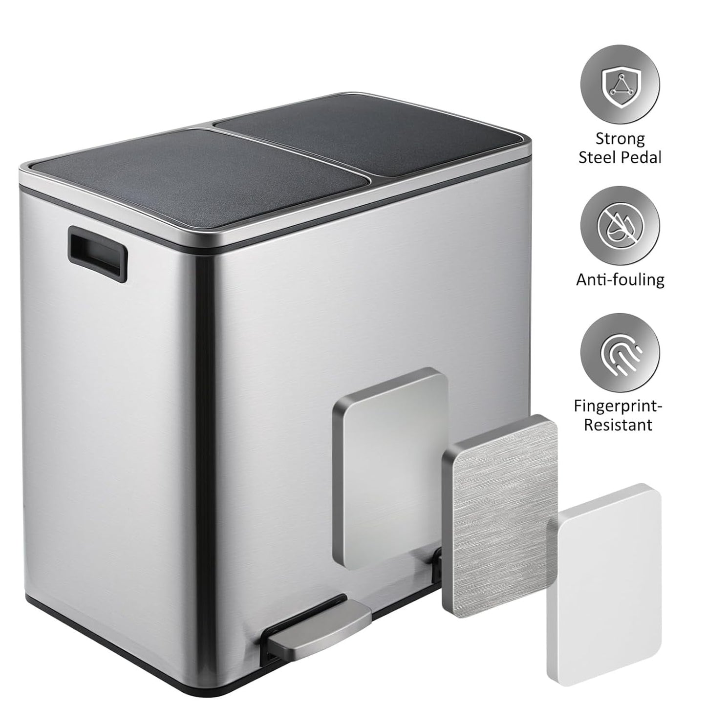 LAZY BUDDY 48L / 30L Dual Trash Can, 12.7 / 8 Gallon Stainless Steel Step Garbage Recycle Bin with Double Compartments