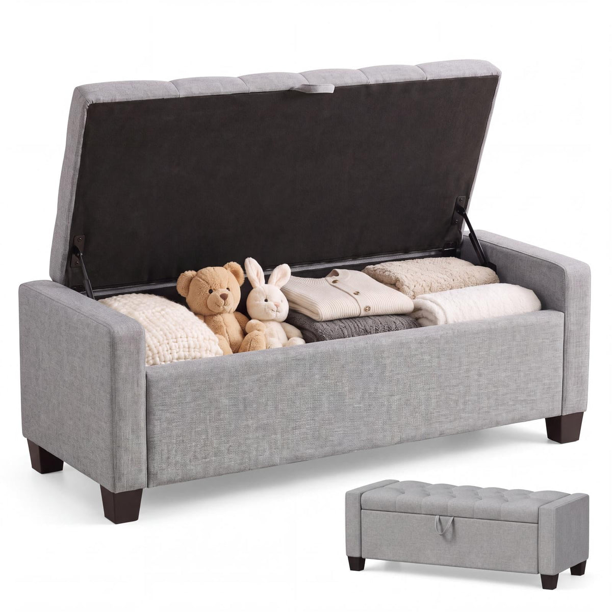 LAZY BUDDY 48'' Ottoman with Storage, Upholstered Storage Ottoman Bench with Safety Hinge, for Bedroom, Living Room, Entryway