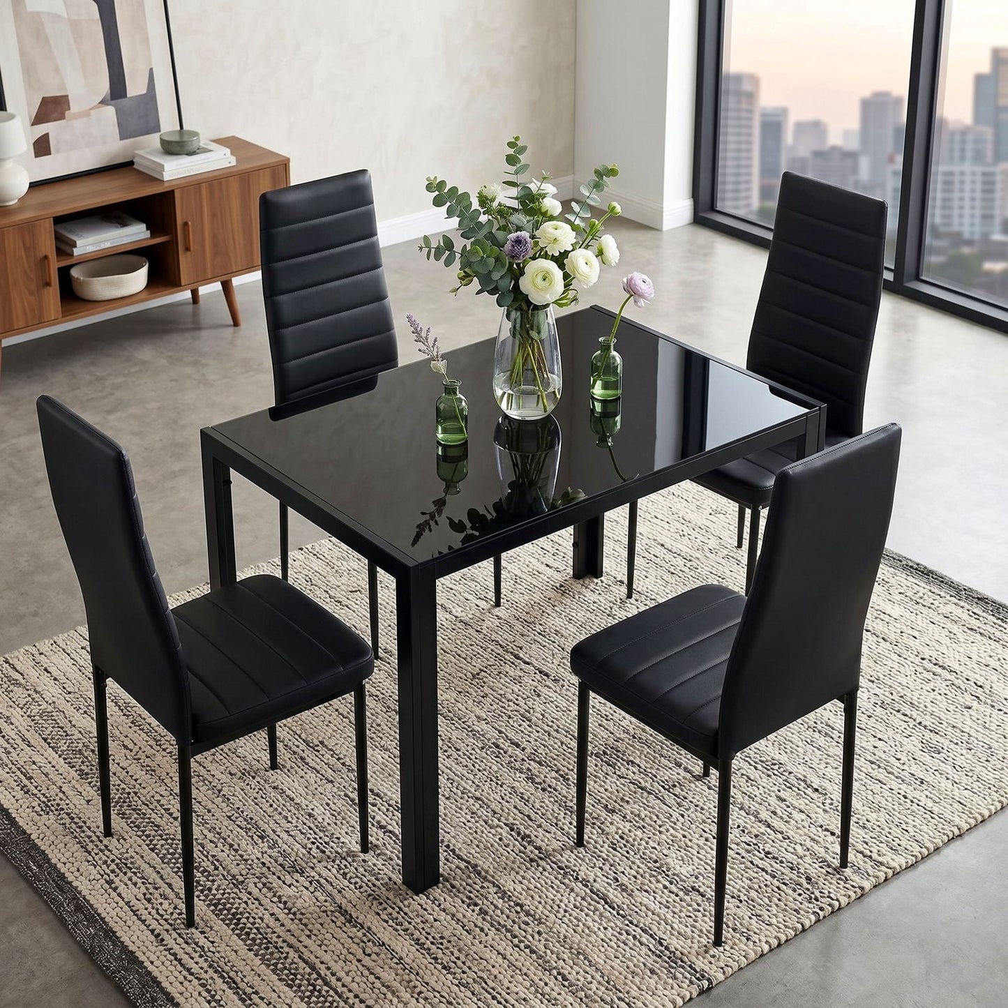 LAZY BUDDY 5-Piece Kitchen Dining Table Set, Modern Table and 4 Faux Leather Chairs with Tempered Glass Tabletop for Dining Room