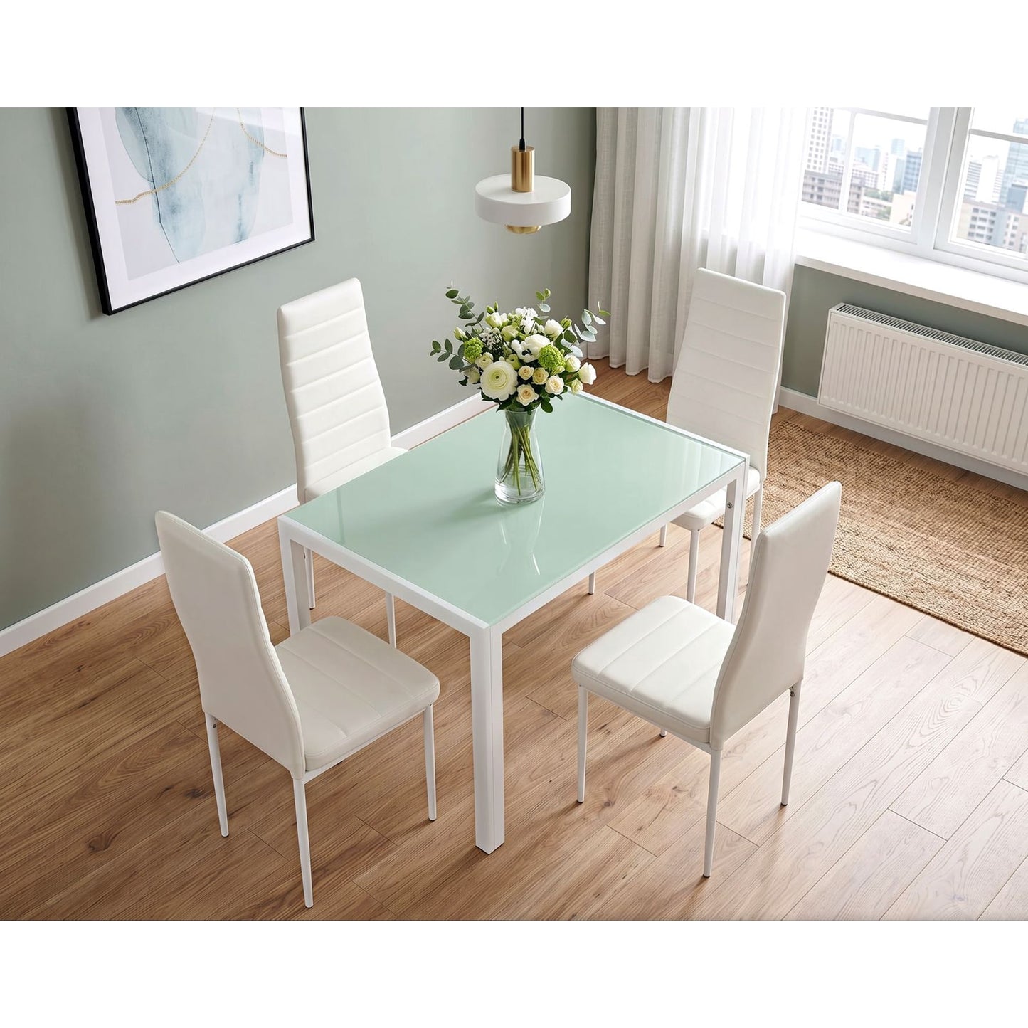 LAZY BUDDY 5-Piece Kitchen Dining Table Set, Modern Table and 4 Faux Leather Chairs with Tempered Glass Tabletop for Dining Room