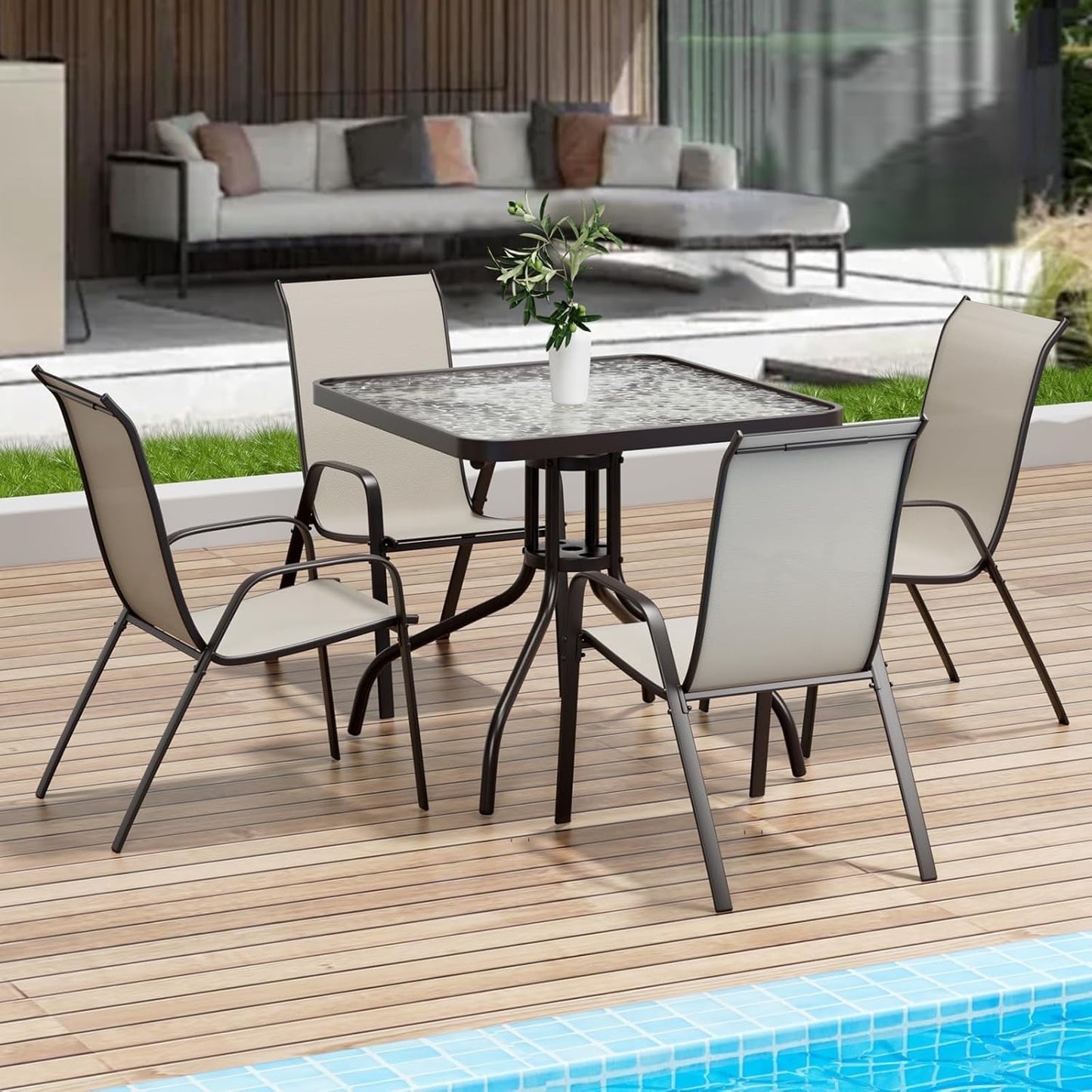 LAZY BUDDY 5-Piece Patio Dining Set, All Weather Outdoor Table with 4 Stackable Chairs for Garden Backyard Deck