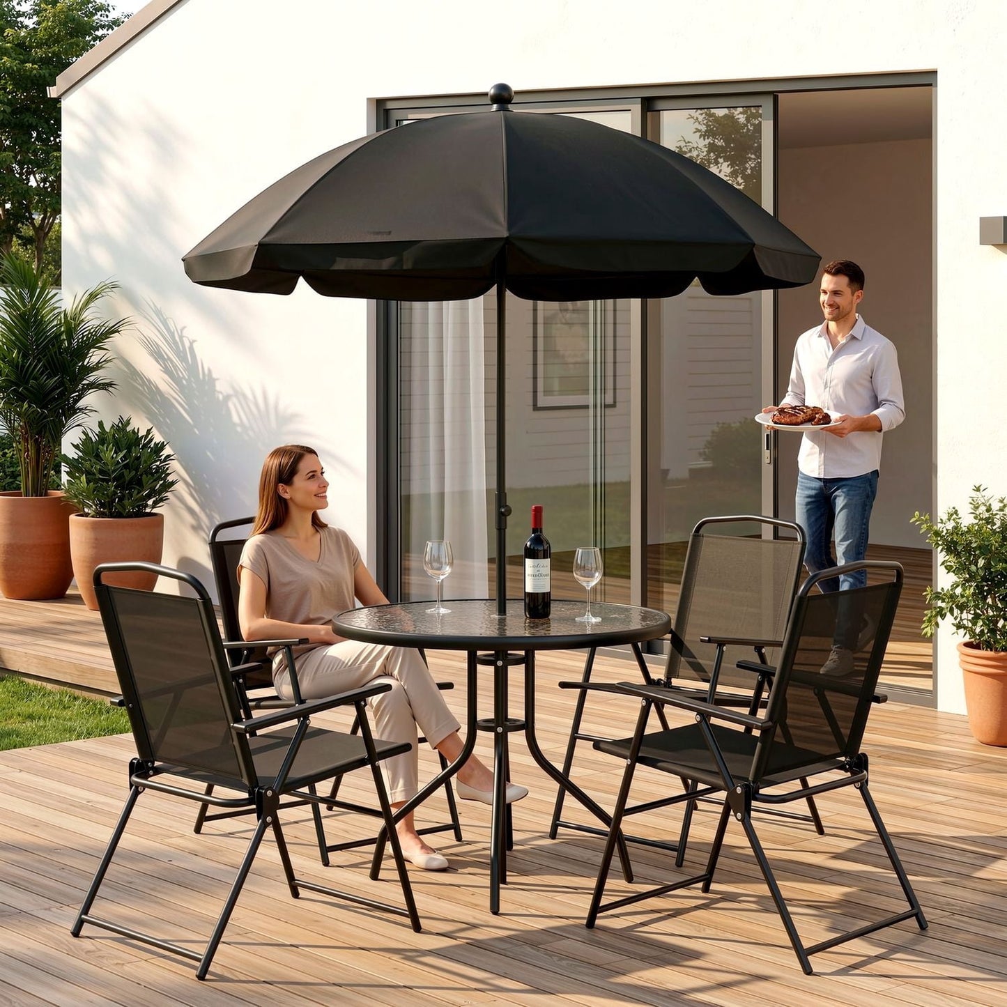 LAZY BUDDY 6-Piece Outdoor Patio Dining Set with Umbrella, All-Weather Round Glass Table with 4 Folding Chairs, Metal Frame, for Backyard Deck Garden