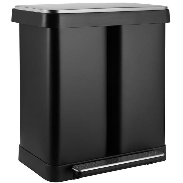 LAZY BUDDY Dual Garbage Can, Stainless Steel 16 Gallon Step Can W/ Foot Pedal, Double Compartment Garbage Recycling Bin