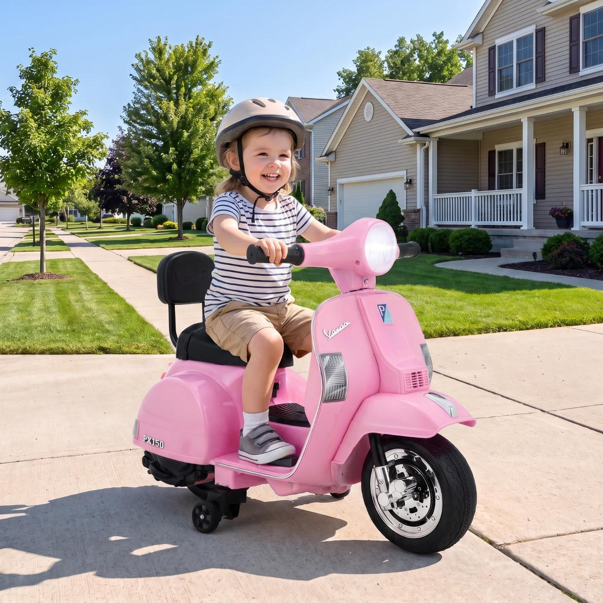 LAZY BUDDY Licensed Vespa Ride on Scooter, 6V Electric Motorcycle for Kids with Training Wheels, LED Headlight, Ride on Toy Gift for 3+
