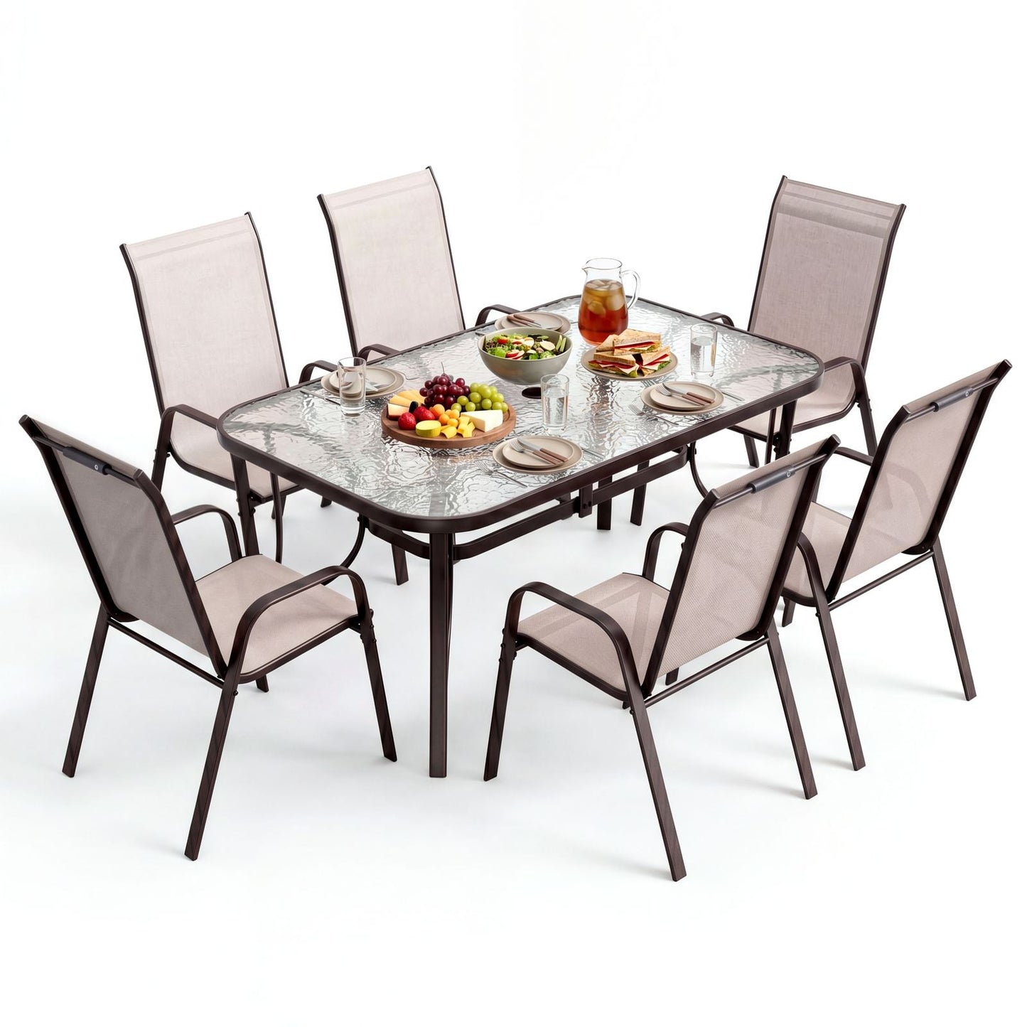 LAZY BUDDY Patio Dining Set of 7 with Umbrella Hole, Outdoor Furniture Table and 6 Textilene Chairs for Lawn, Backyard, Deck, 330LBS