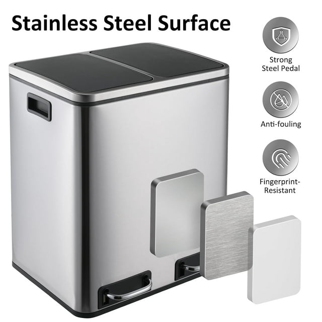 LAZY BUDDY 48L / 30L Dual Trash Can, 12.7 / 8 Gallon Stainless Steel Step Garbage Recycle Bin with Double Compartments