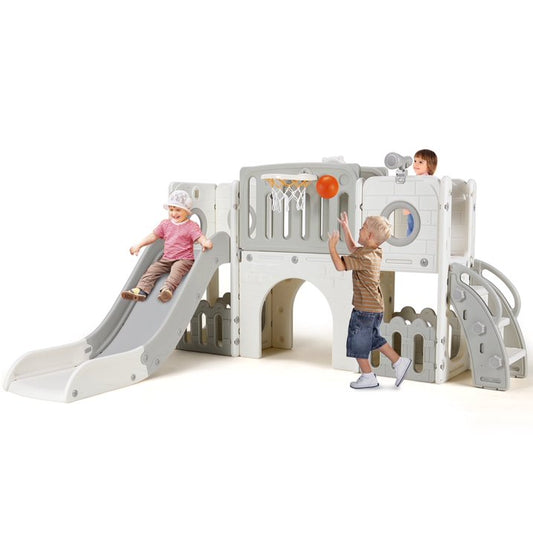LAZY BUDDY Freestanding Toddler Slide, Kids Slide Climber Playset, Plastic Baby Slide with Basketball Hoop, Telescope, Tunnel, Storage Space, Anti-Slip Steps, Indoor Outdoor Playground for Ages 3+