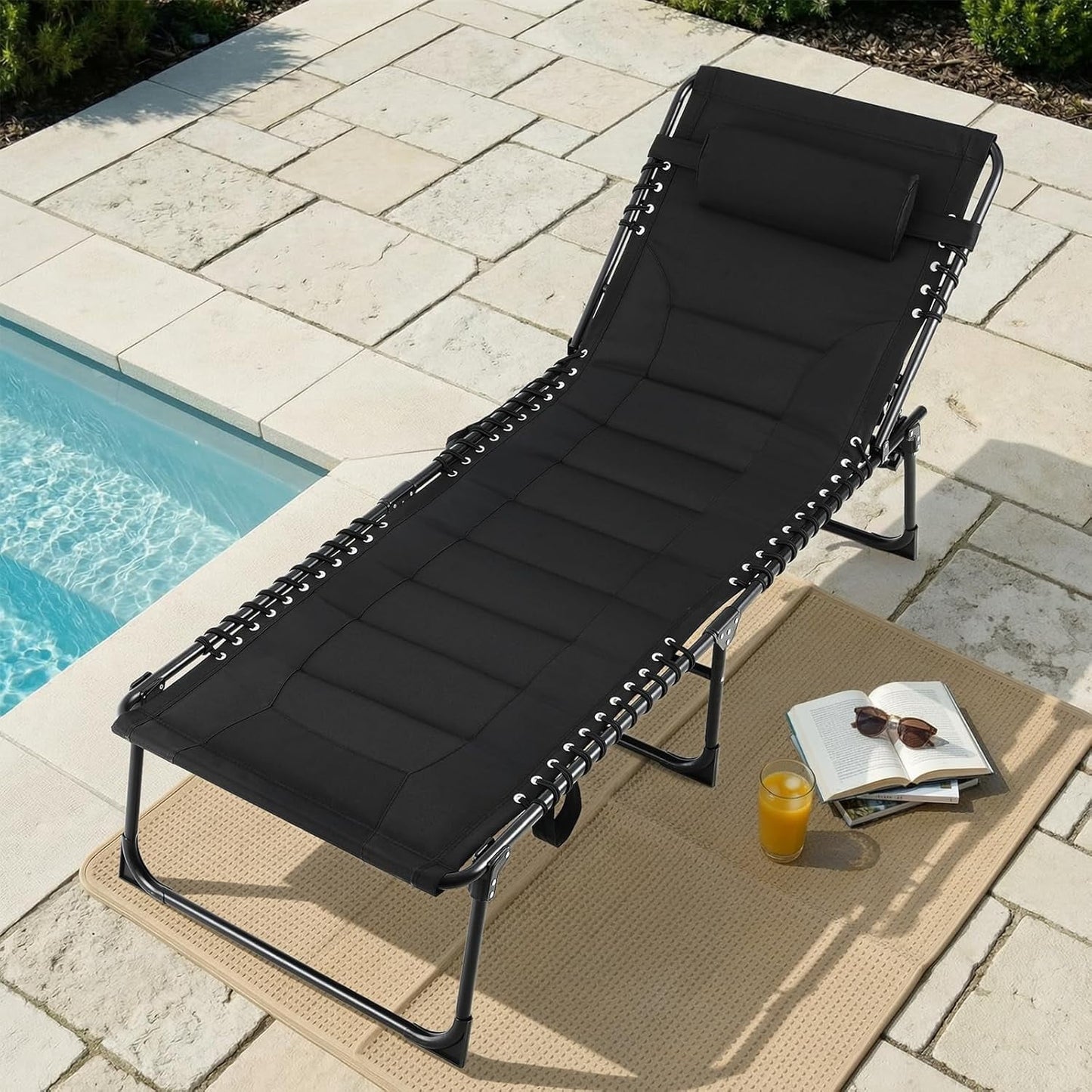 LAZY BUDDY Adjustable Padded Lounge Chair, Folding Chaise Lounger with Pillow & Side Pocket, Portable Reclining Chair with Carrying Handle for Outdoor Sunbathing, Patio, Beach, Poolside