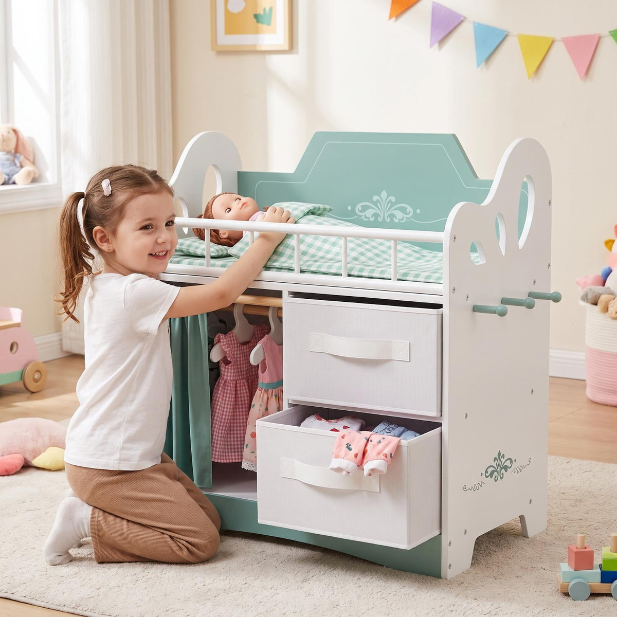 LAZY BUDDY Baby Doll Cirb, Wooden Doll Bed with 2 Storage Drawers, 2 Hangers, Pillow & Sheet