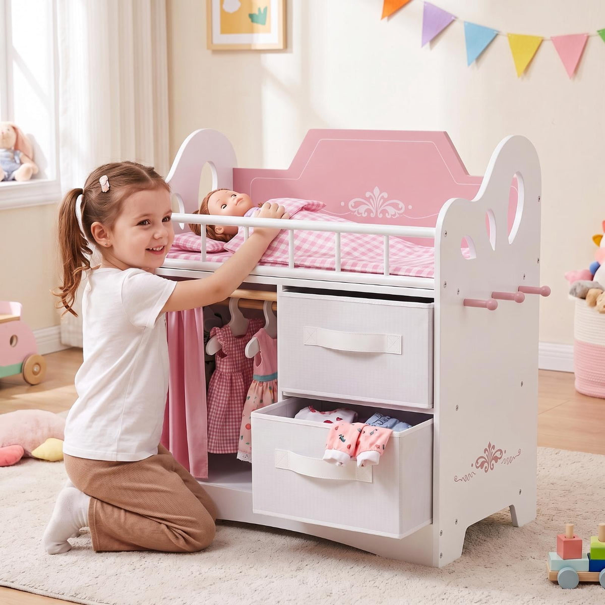 LAZY BUDDY Baby Doll Cirb, Wooden Doll Bed with 2 Storage Drawers, 2 Hangers, Pillow & Sheet