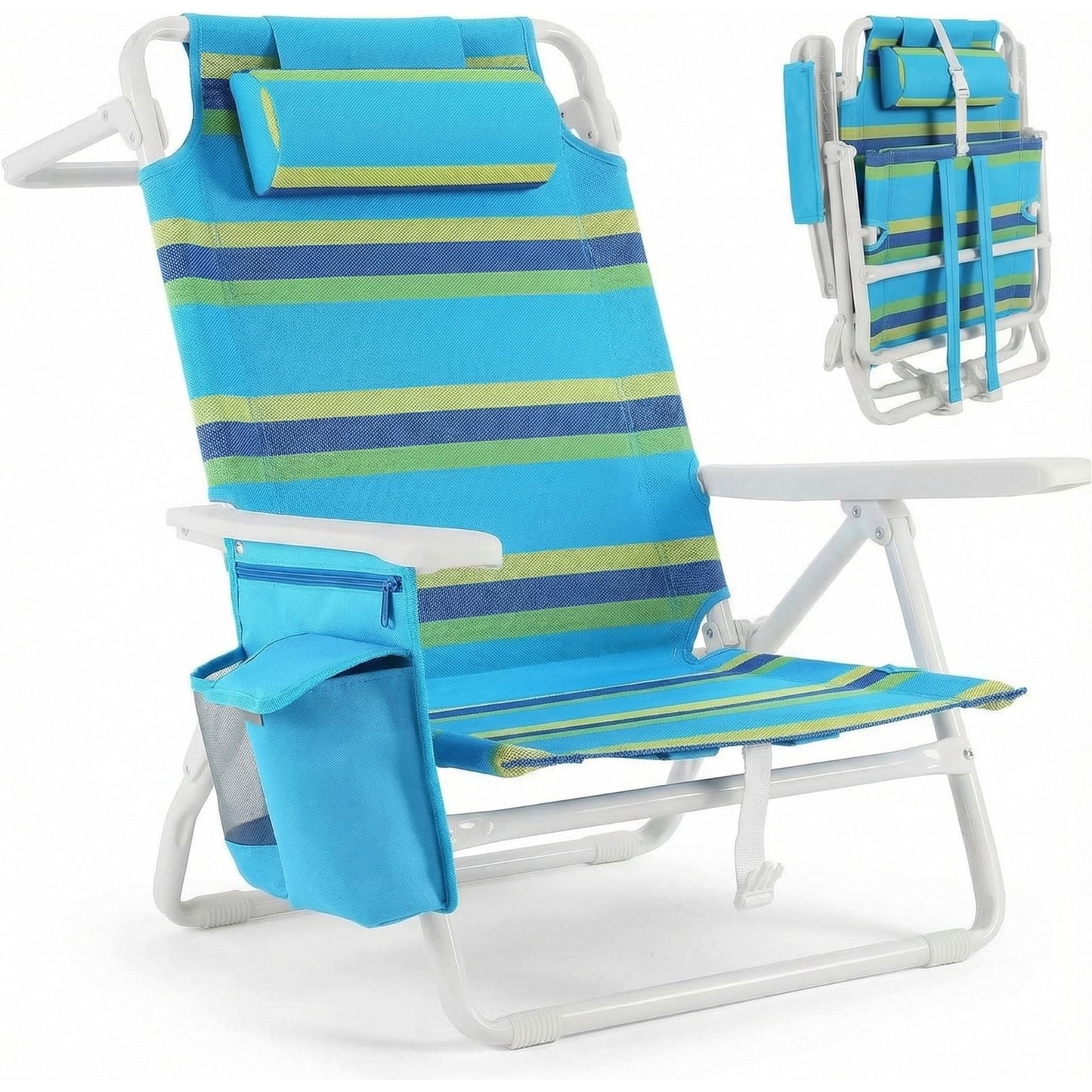 LAZY BUDDY  Low Beach Chair, Backpack Beach Chair for Adults with 5-Position, Lightweight Folding Beach Camping Chairs with Cup Holder, Storage Bag