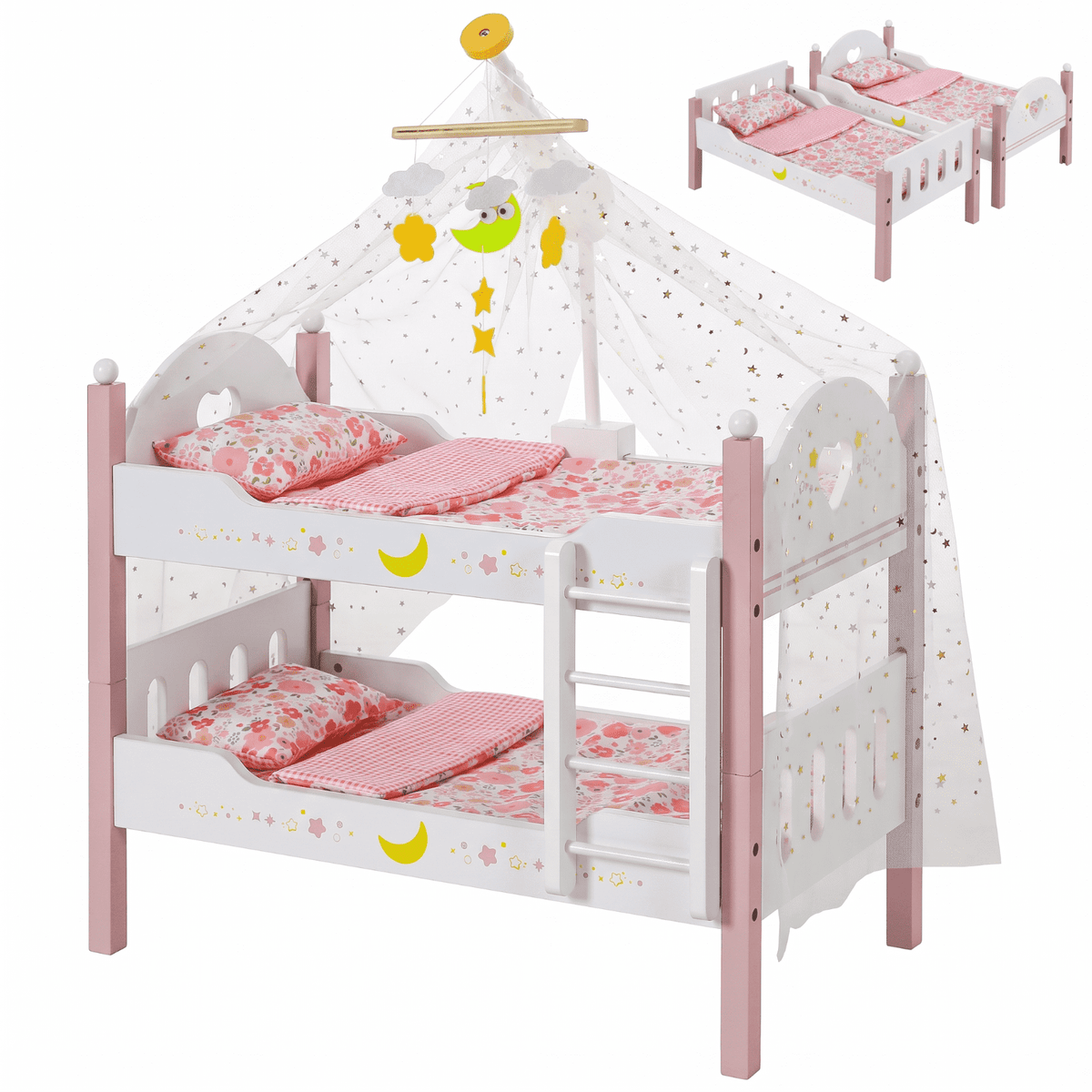 LAZY BUDDY Wooden Bunk Bed for Dolls up to 19in, Baby Dolls Crib with Bedding, Pretend Play Toy for Kids 3+