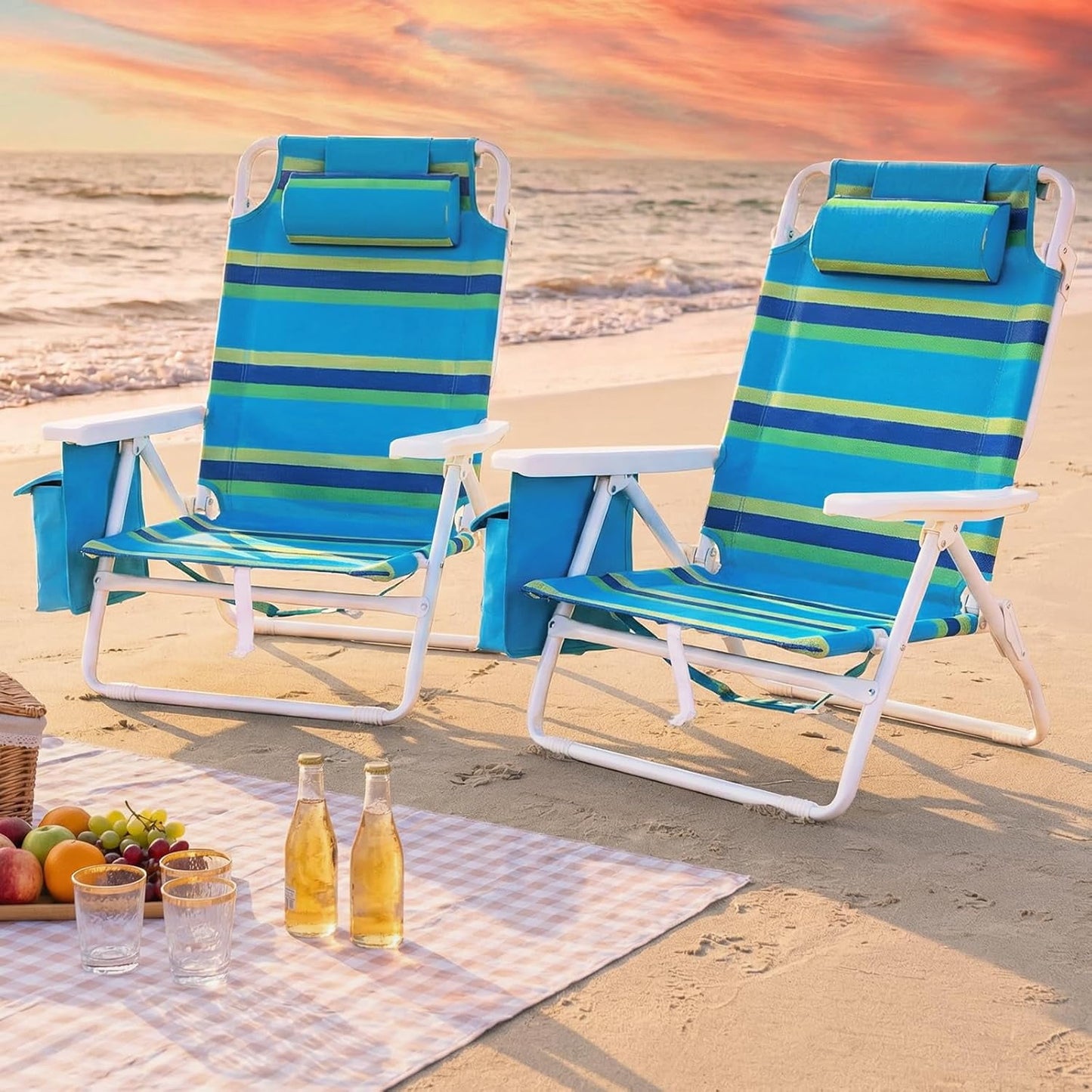 LAZY BUDDY  Low Beach Chair, Backpack Beach Chair for Adults with 5-Position, Lightweight Folding Beach Camping Chairs with Cup Holder, Storage Bag