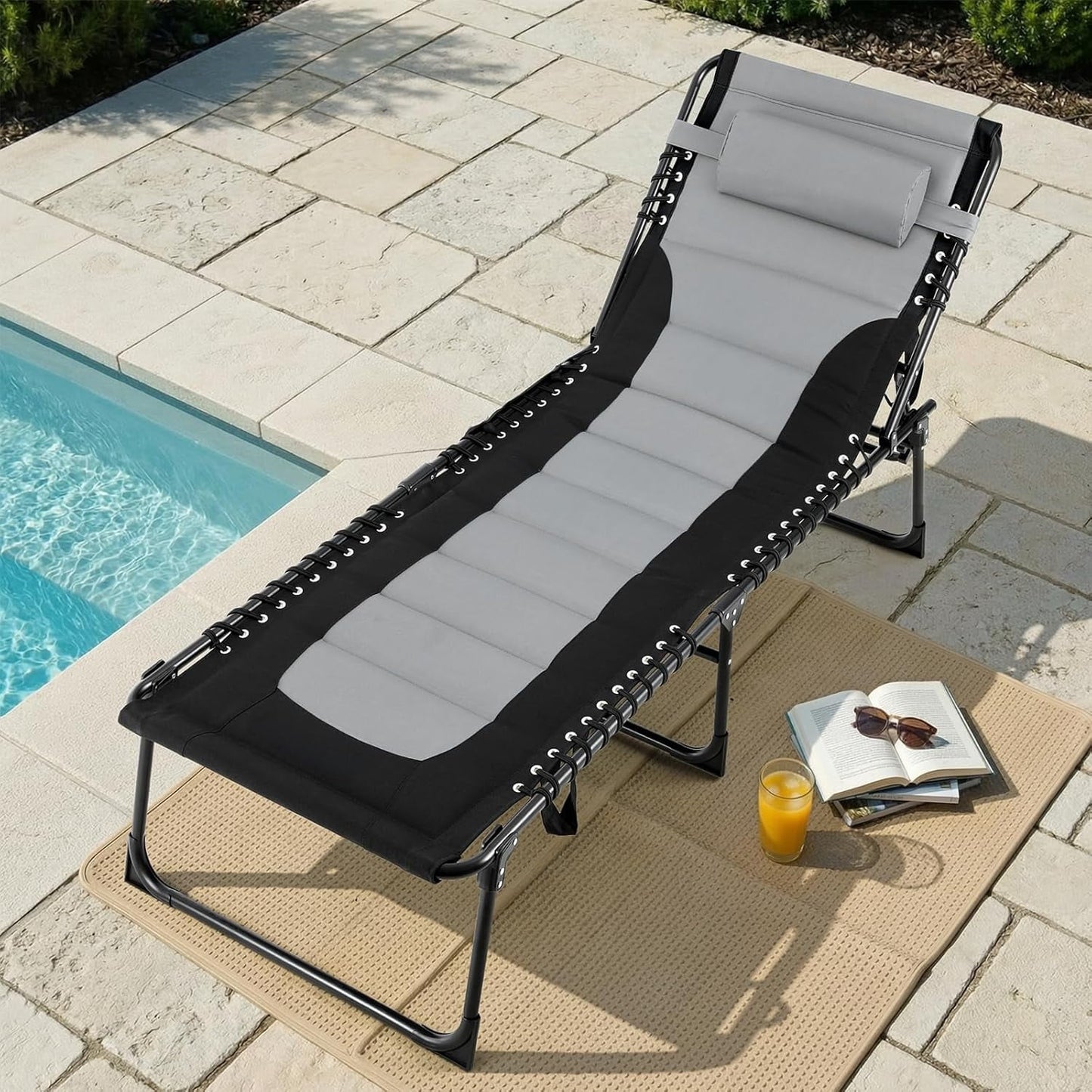 LAZY BUDDY Adjustable Padded Lounge Chair, Folding Chaise Lounger with Pillow & Side Pocket, Portable Reclining Chair with Carrying Handle for Outdoor Sunbathing, Patio, Beach, Poolside