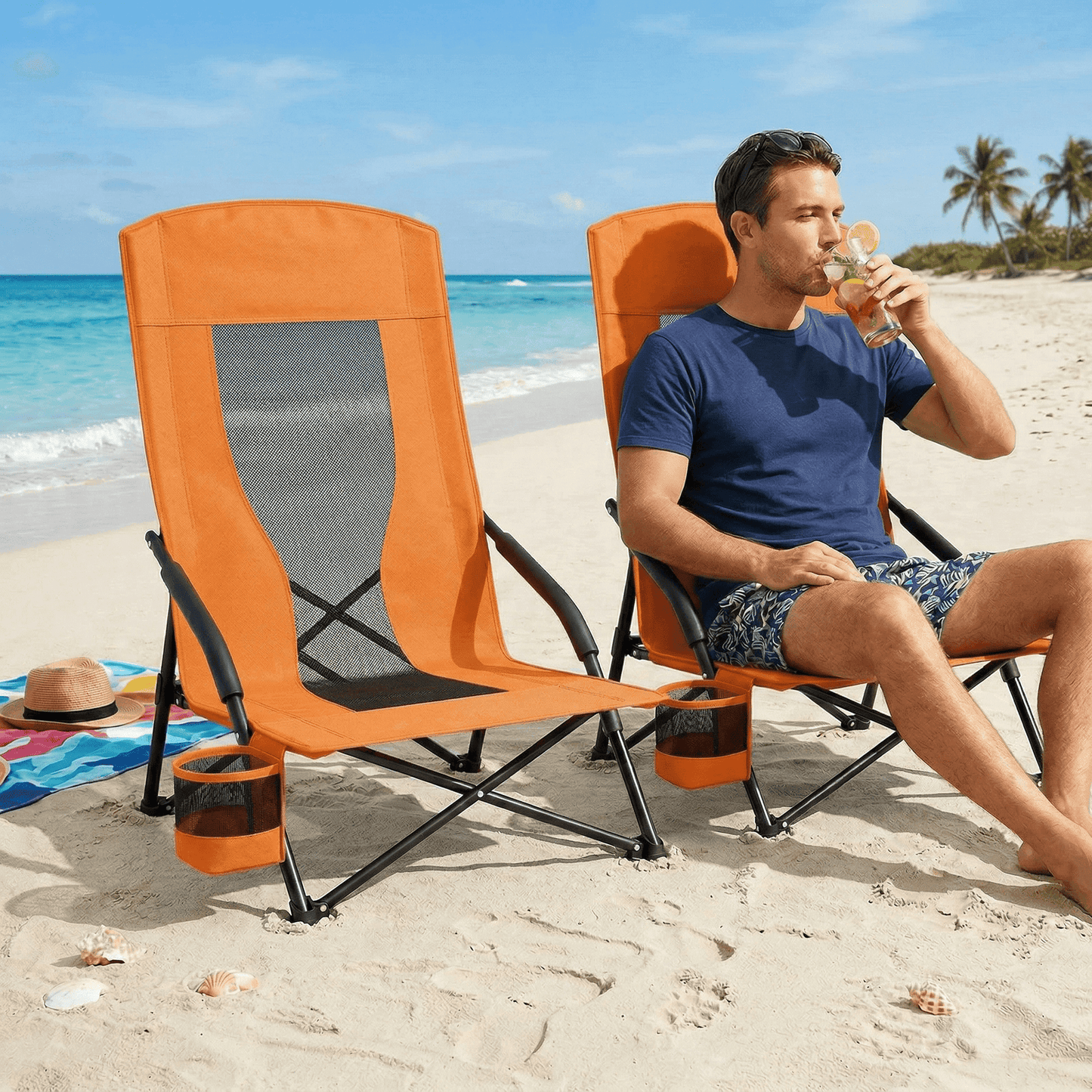 LAZY BUDDY High Back Beach Chair Set of 2, Portable Folding Low Seat Chair for Camping, Beach, Outdoor Concert, 350lbs