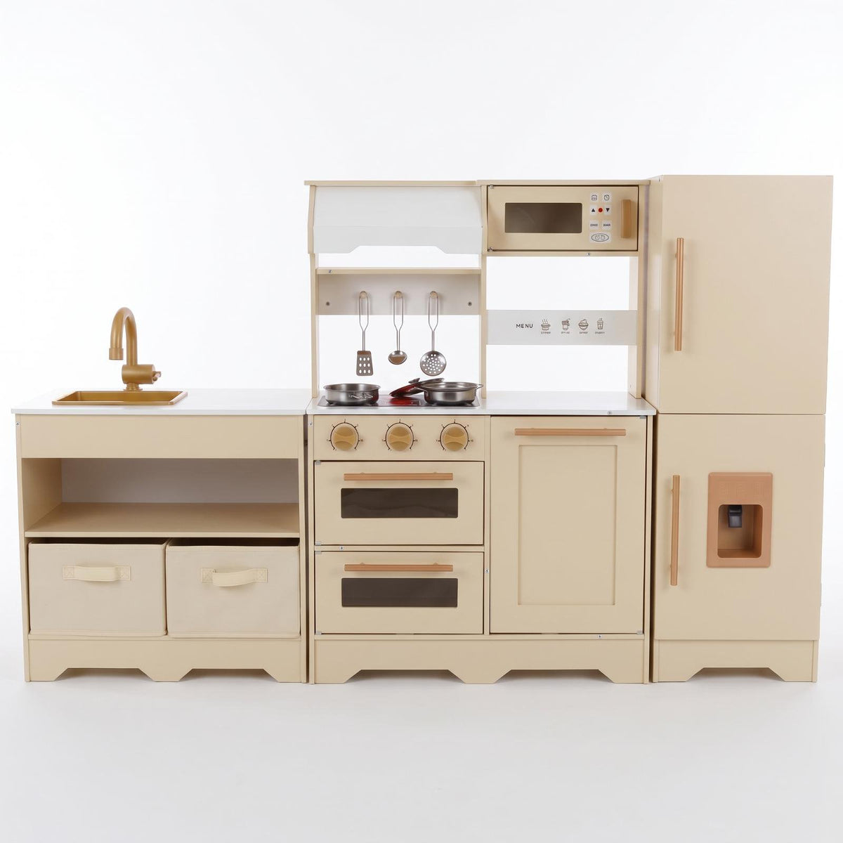LAZY BUDDY Wooden Pretend Play Kitchen for Kids, 3-Piece Modular Kitchen Playset Toddler Interactive Toy Gift