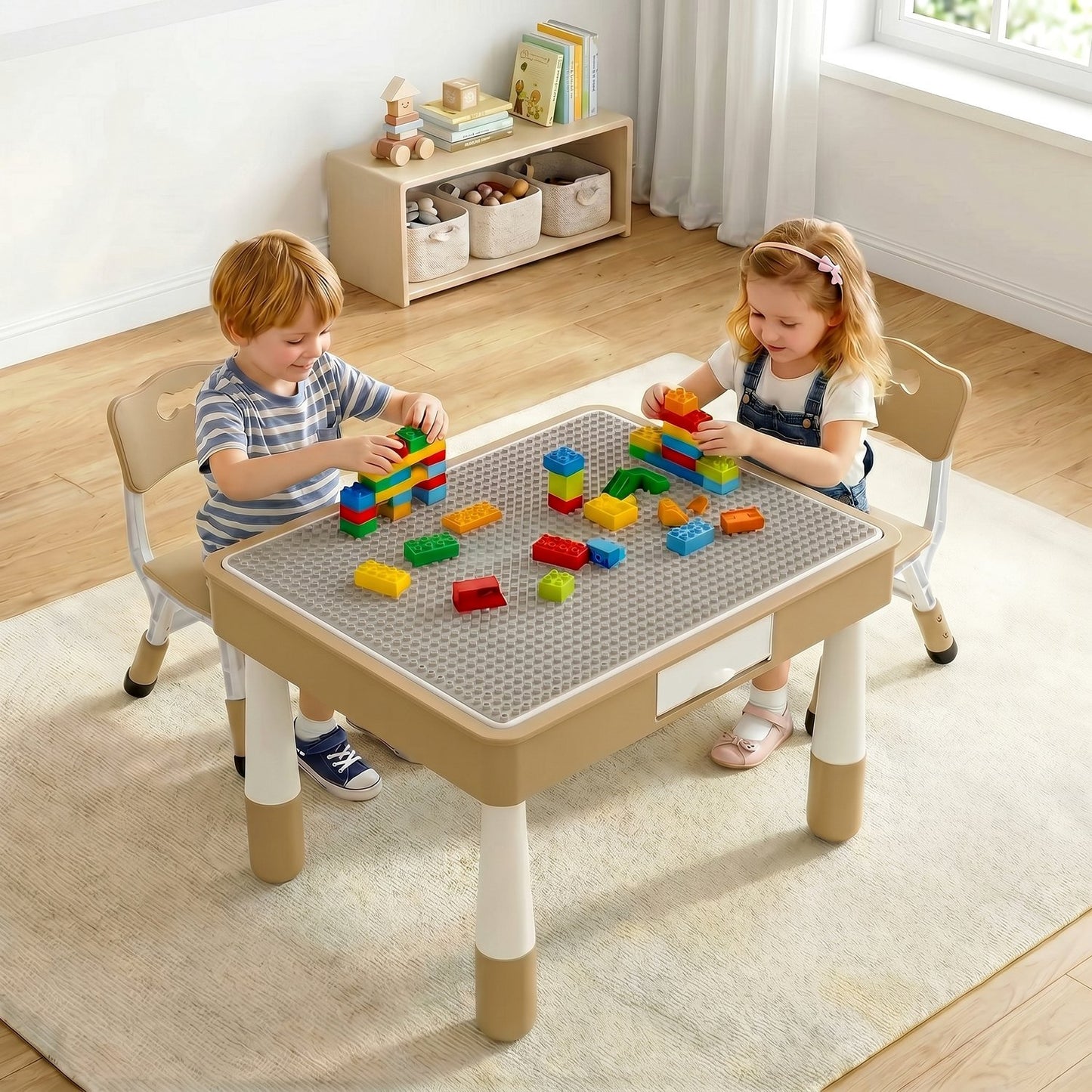 LAZY BUDDY Kids Table and Chairs Set with Storage, Height Adjustable Toddler Activity Table and 2 Chairs Set with 2 in 1 Graffiti/Block Building Desktop, for Playroom, Preschool, Classroom