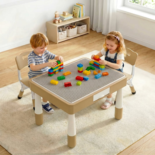 LAZY BUDDY Kids Table and Chairs Set with Storage, Height Adjustable Toddler Activity Table and 2 Chairs Set with 2 in 1 Graffiti/Block Building Desktop, for Playroom, Preschool, Classroom