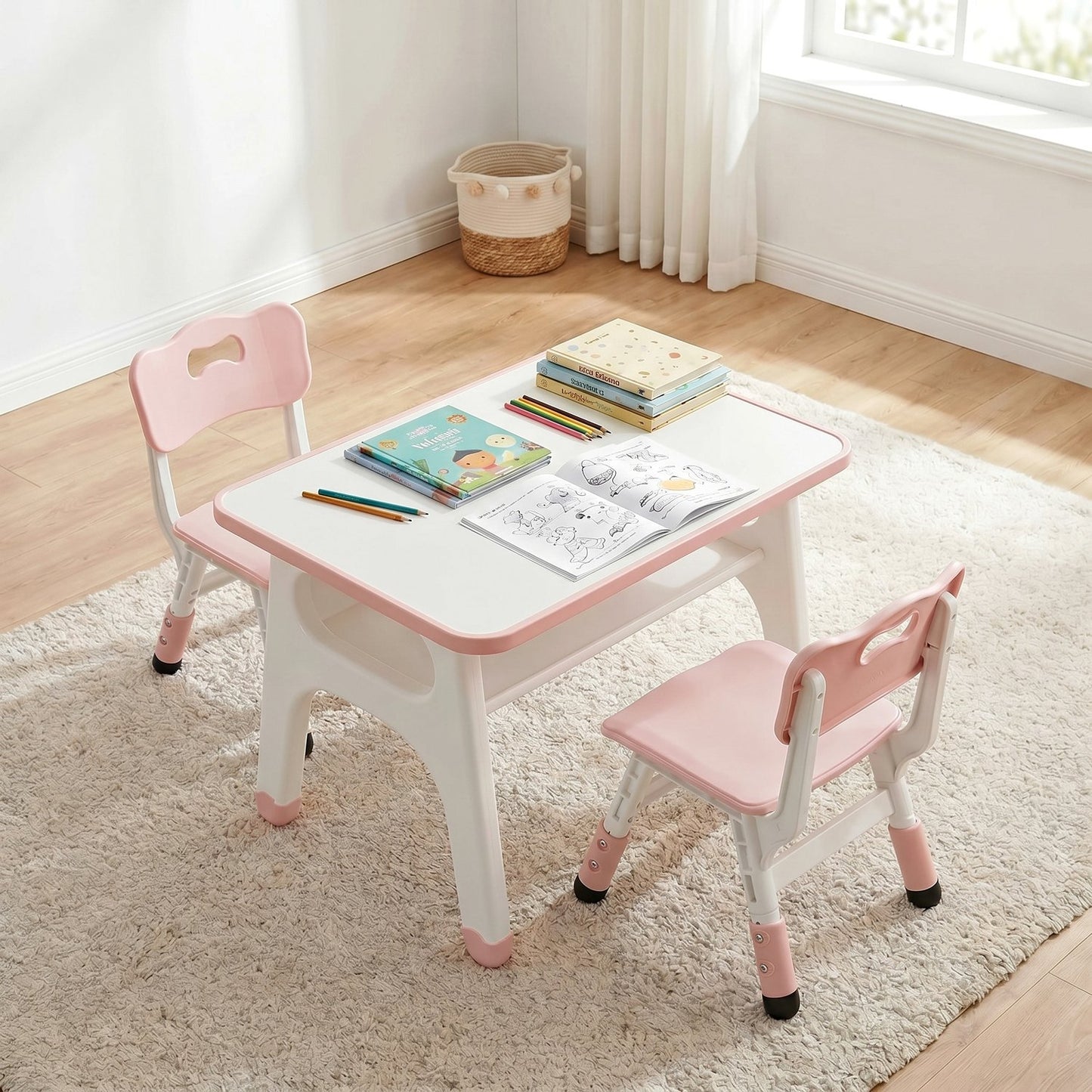 LAZY BUDDY Kids Table and 2 Chairs Set, Toddler Activity Table with Built-in Storage Shelf & Graffiti Desktop, Adjustable Chair
