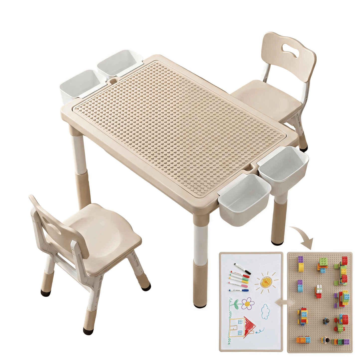 LAZY BUDDY Kids Table and Chairs Set with Storage Boxes, Height Adjustable Toddler Activity Table and 2 Chairs Set with Graffiti & Building Blocks Double-Sided Tabletop