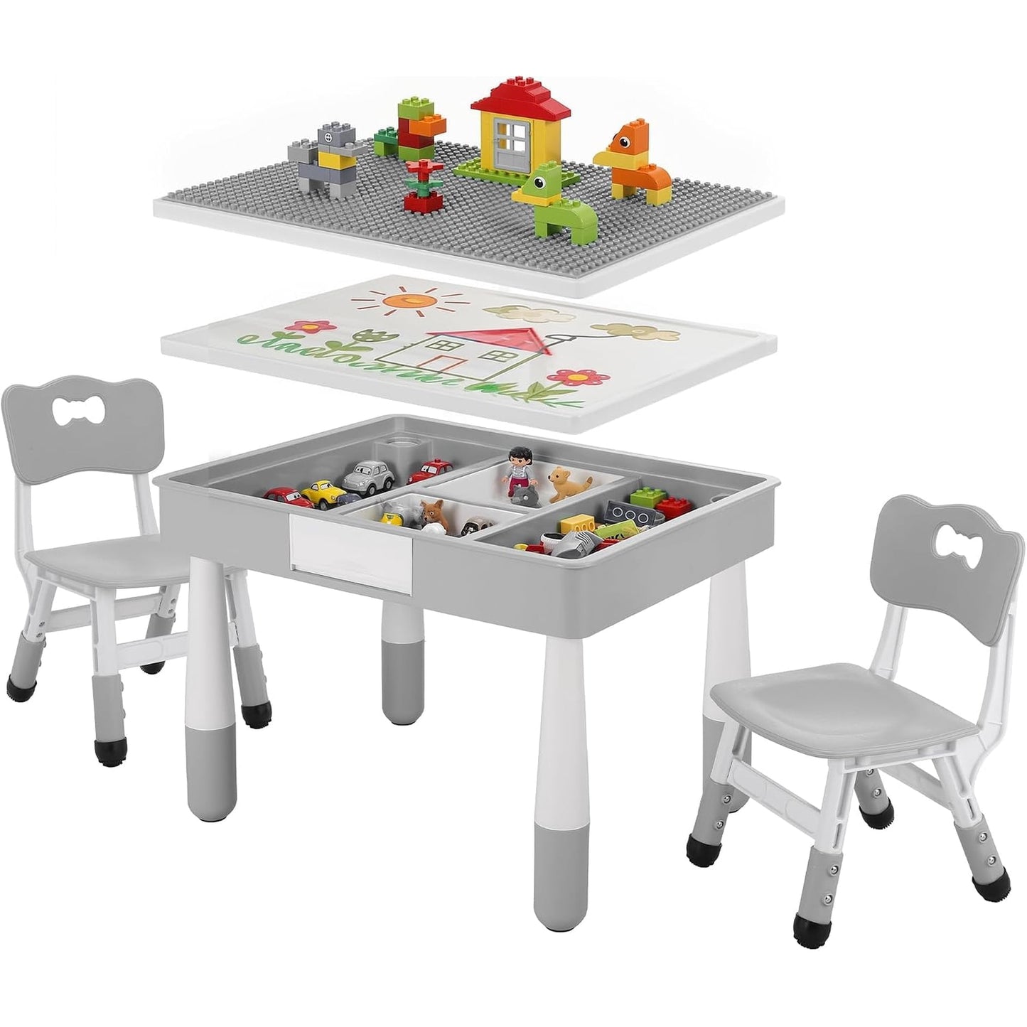LAZY BUDDY Kids Table and Chairs Set with Storage, Height Adjustable Toddler Activity Table and 2 Chairs Set with 2 in 1 Graffiti/Block Building Desktop, for Playroom, Preschool, Classroom