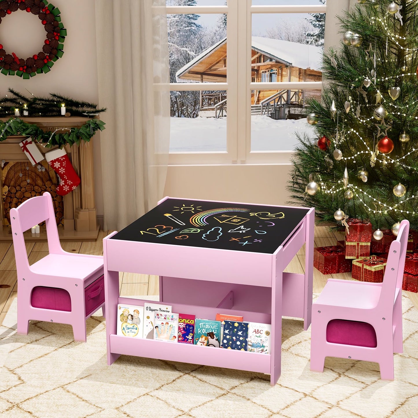 LAZY BUDDY Kids Table and Chairs Set, Toddler Desk with Storage Drawer, Wooden Activity Table Set with Detachable Tabletop, Bookshelf for Classroom/Home/Nursery