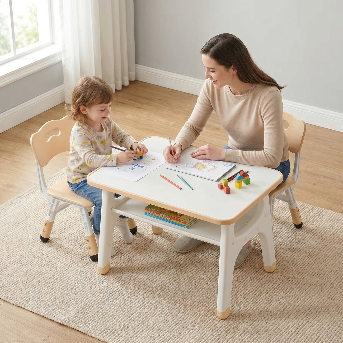LAZY BUDDY Kids Table and 2 Chairs Set, Toddler Activity Table with Built-in Storage Shelf & Graffiti Desktop, Adjustable Chair