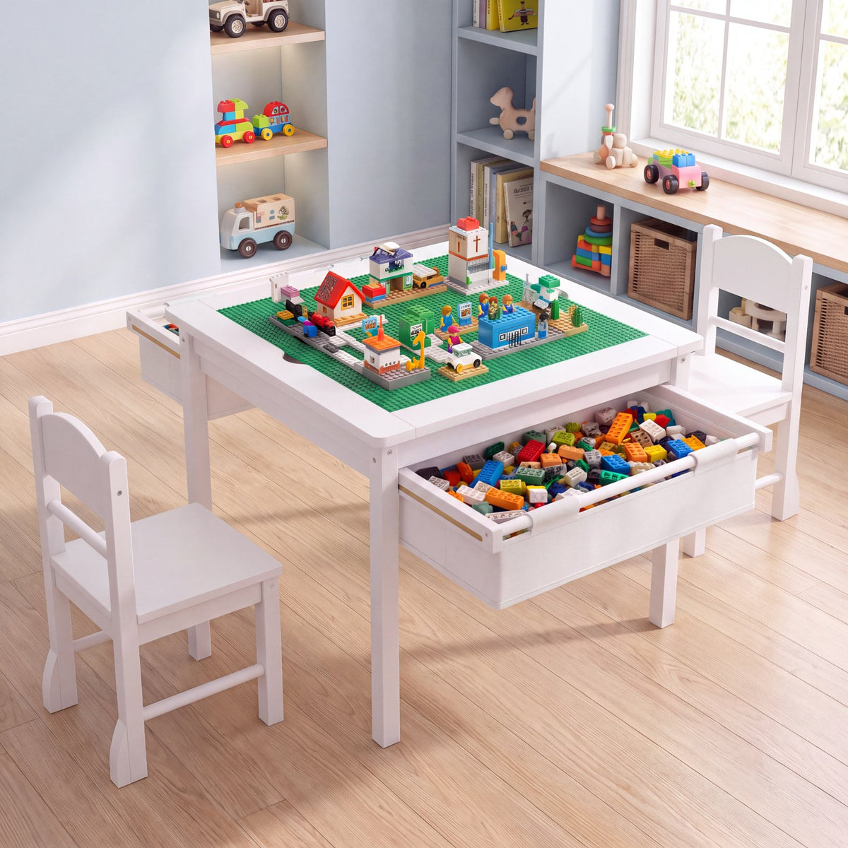 LAZY BUDDY Wooden Toddler Table and Chairs Set, Kids Play Activity Table Set with Reversible Tabletop & 2 Storage Drawers, for Drawing Reading Dining