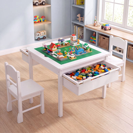 LAZY BUDDY Wooden Toddler Table and Chairs Set, Kids Play Activity Table Set with Reversible Tabletop & 2 Storage Drawers, for Drawing Reading Dining
