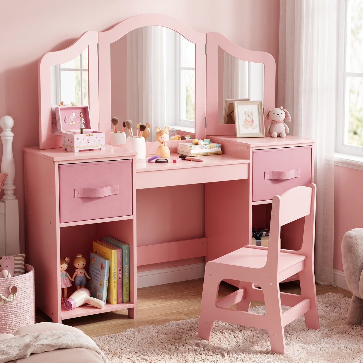 LAZY BUDDY Kids Vanity Set with Mirror and Stool, Toddler Makeup Dressing Table with Chair, Drawers & Storage Shelves, Wooden Princess Pretend Play Vanity for Girls Bedroom