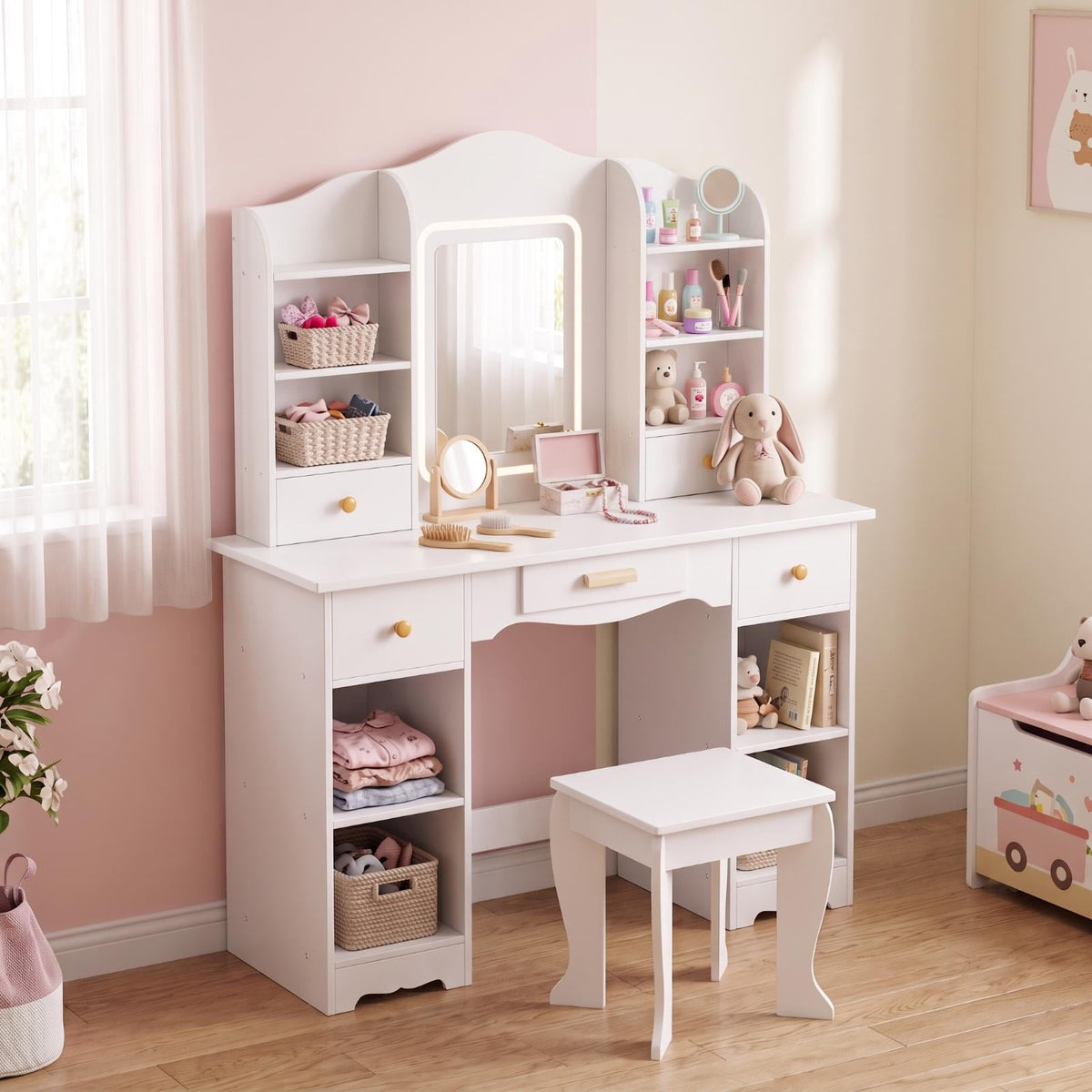 LAZY BUDDY Wooden Kids Vanity Table with Lights, Mirror and Stool, 2 in 1 Toddler Pretend Play Dressing Table with Drawers & Open Shelves for Little Girls