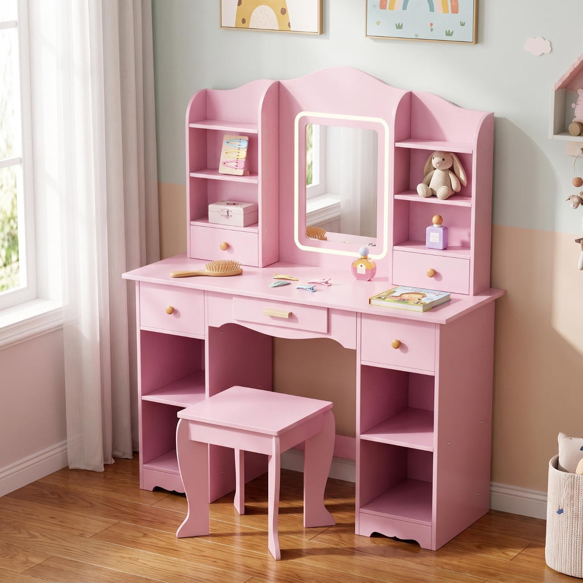 LAZY BUDDY Wooden Kids Vanity Table with Lights, Mirror and Stool, 2 in 1 Toddler Pretend Play Dressing Table with Drawers & Open Shelves for Little Girls