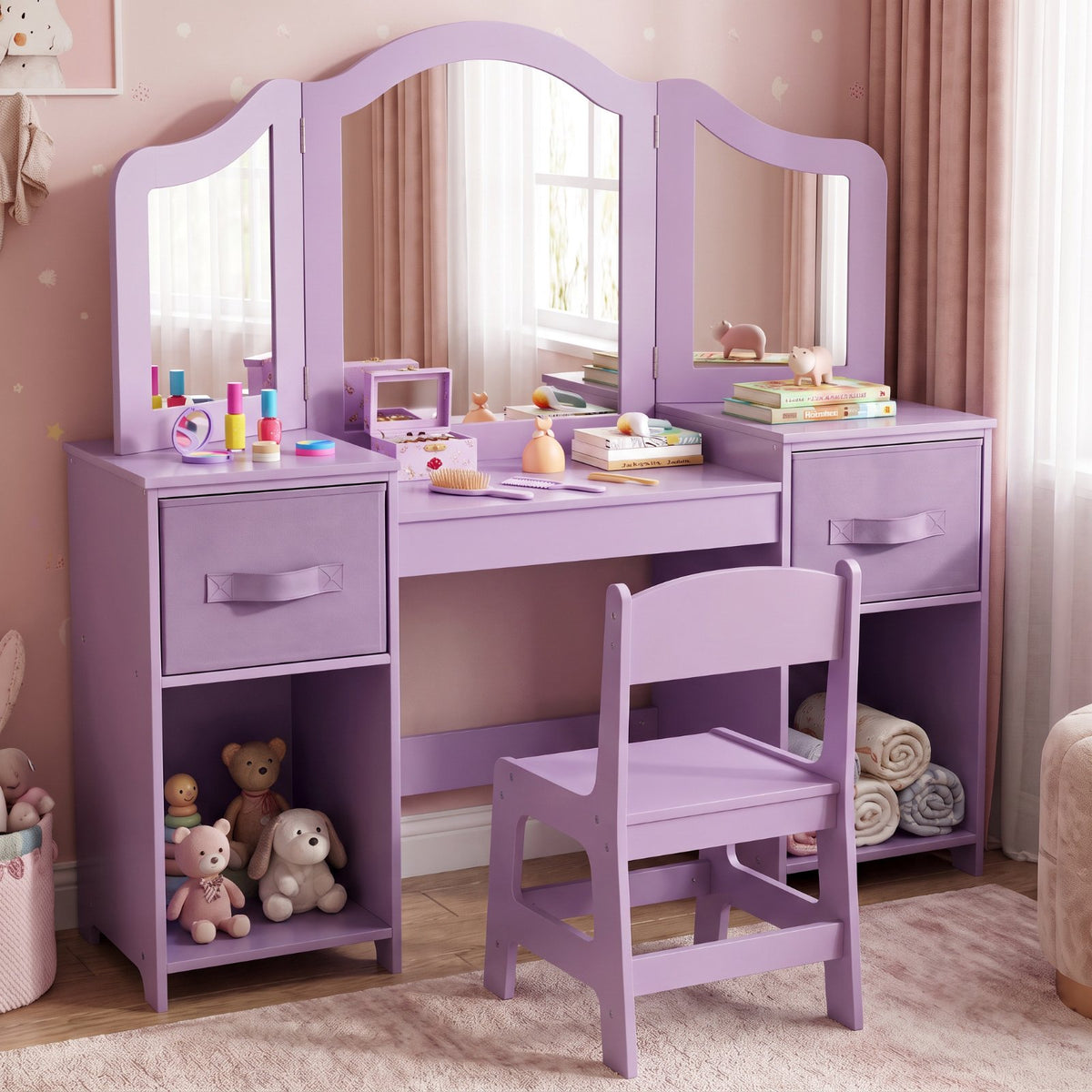 LAZY BUDDY Kids Vanity Set, 2 in 1 Princess Makeup Desk and Chair Set with Canvas Drawers Tri-Folding Detachable Mirror Large Storage Shelves, Wooden Dressing Table, Pretend Play Vanity Set