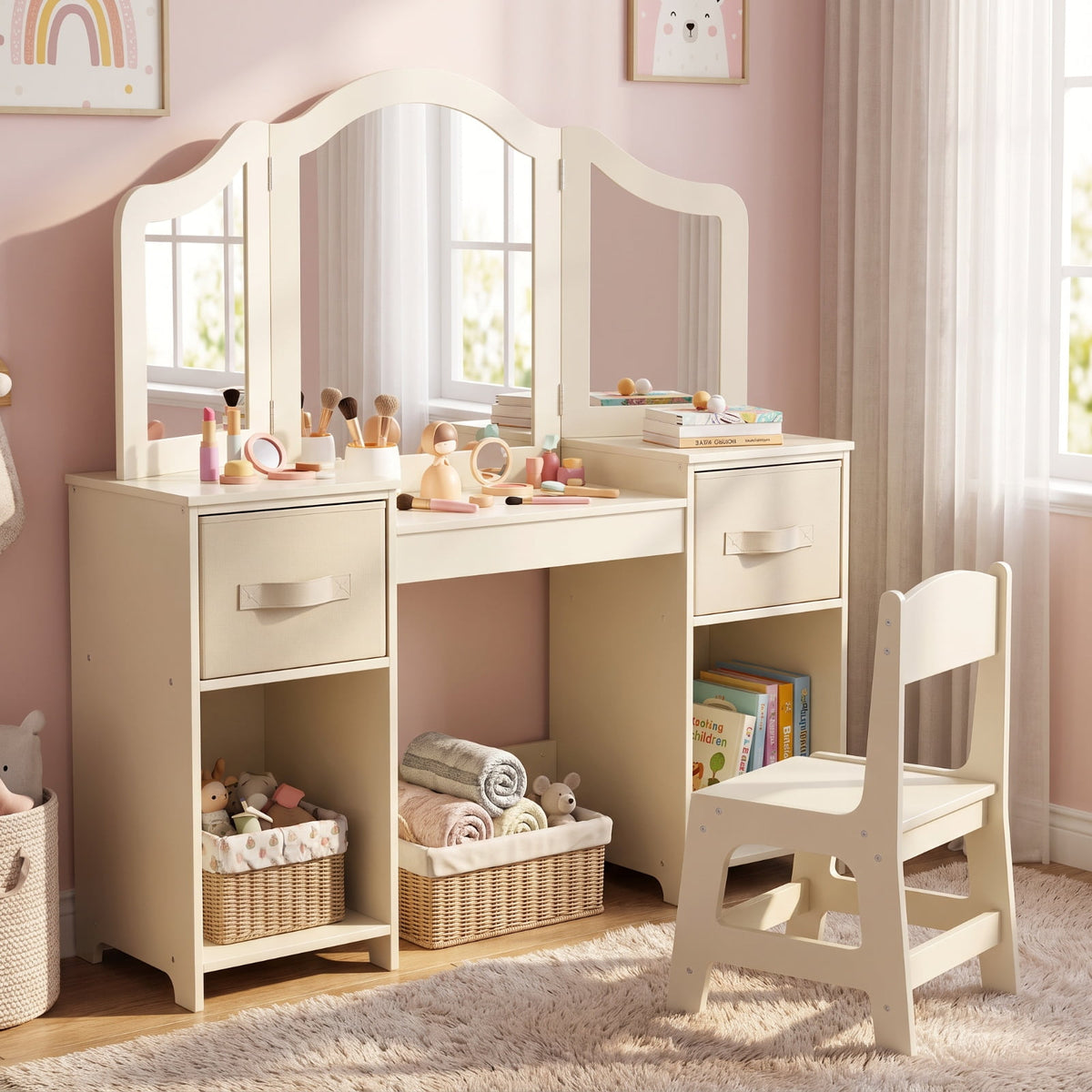 LAZY BUDDY Kids Vanity Set, 2 in 1 Princess Makeup Desk and Chair Set with Canvas Drawers Tri-Folding Detachable Mirror Large Storage Shelves, Wooden Dressing Table, Pretend Play Vanity Set