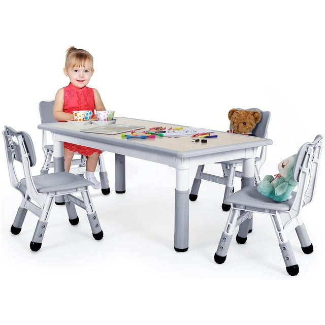 LAZY BUDDY Kids Study Table and 4 Chairs Set, Height Adjustable Plastic Children Art Desk, Multi Activity Toddler Furniture with Paintable Desktop - Multi Choices