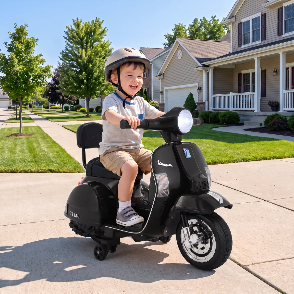 LAZY BUDDY Licensed Vespa Ride on Scooter, 6V Electric Motorcycle for Kids with Training Wheels, LED Headlight, Ride on Toy Gift for 3+