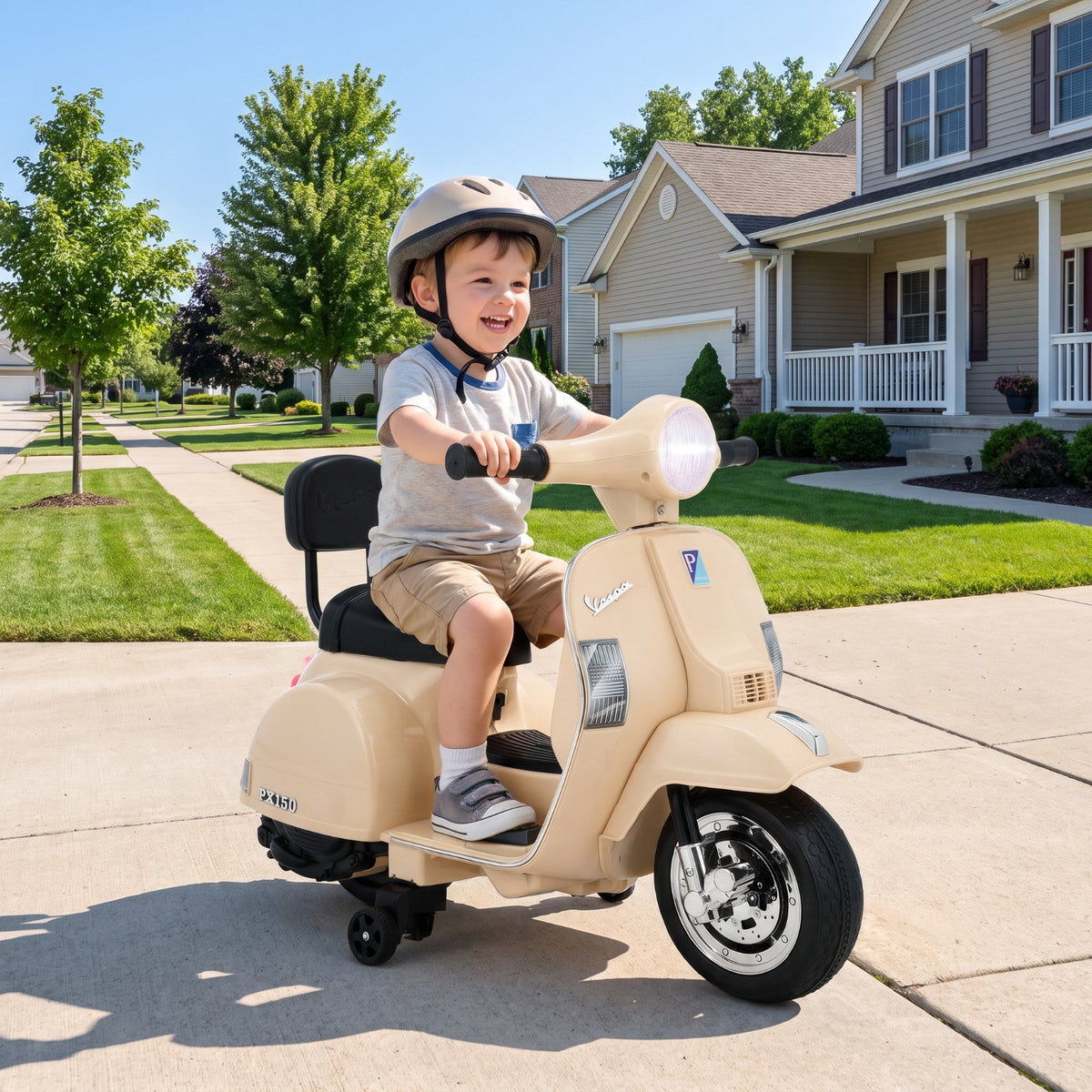 LAZY BUDDY Licensed Vespa Ride on Scooter, 6V Electric Motorcycle for Kids with Training Wheels, LED Headlight, Ride on Toy Gift for 3+
