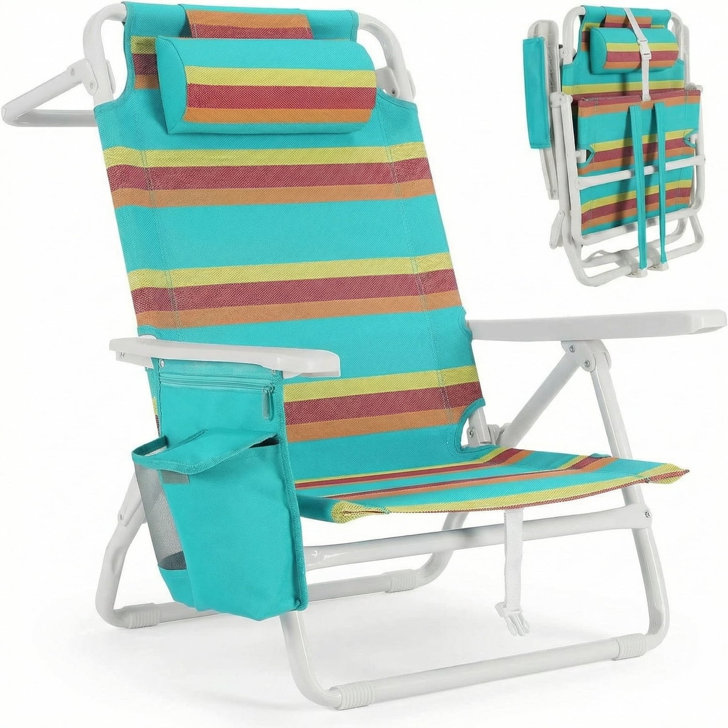LAZY BUDDY  Low Beach Chair, Backpack Beach Chair for Adults with 5-Position, Lightweight Folding Beach Camping Chairs with Cup Holder, Storage Bag
