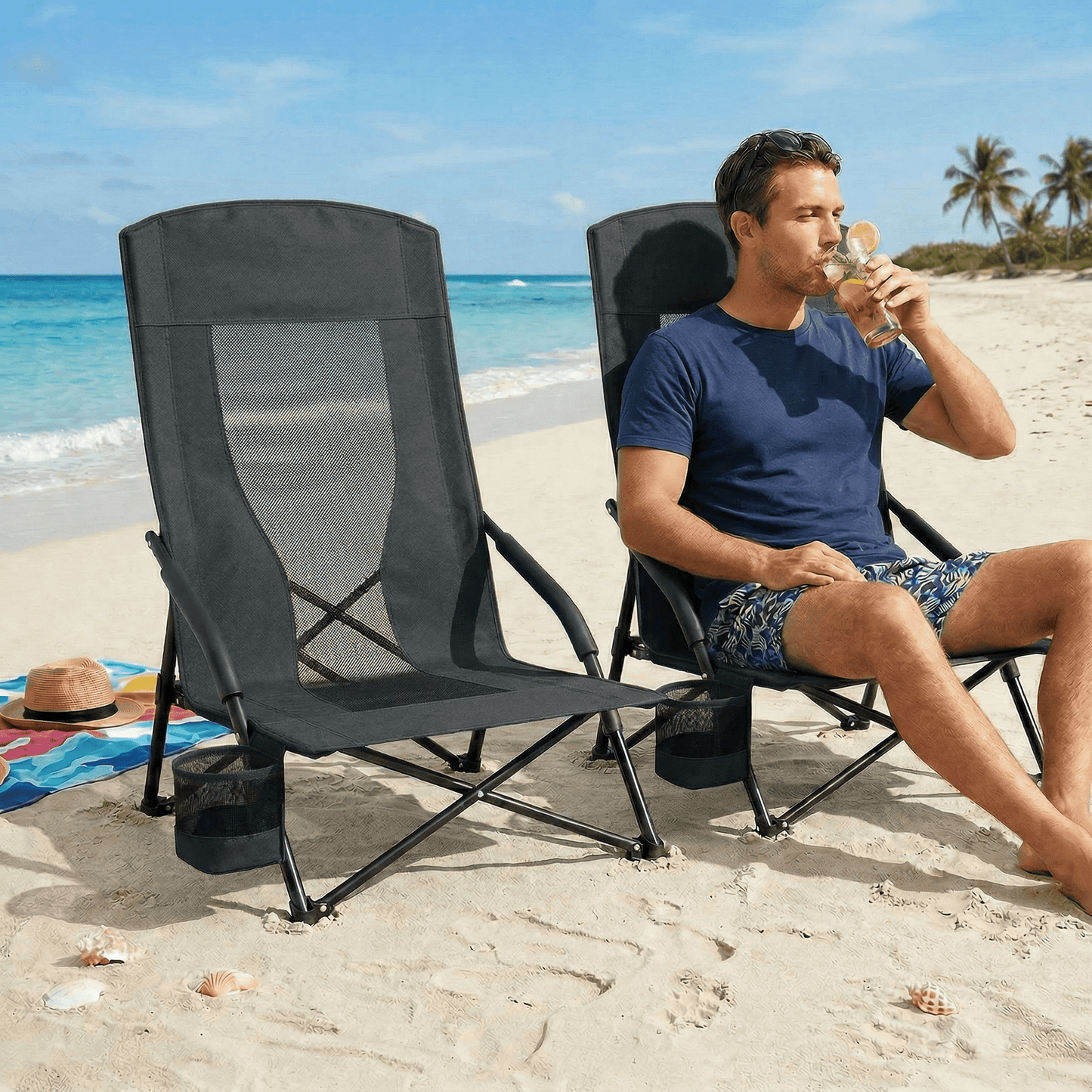 LAZY BUDDY High Back Beach Chair Set of 2, Portable Folding Low Seat Chair for Camping, Beach, Outdoor Concert, 350lbs