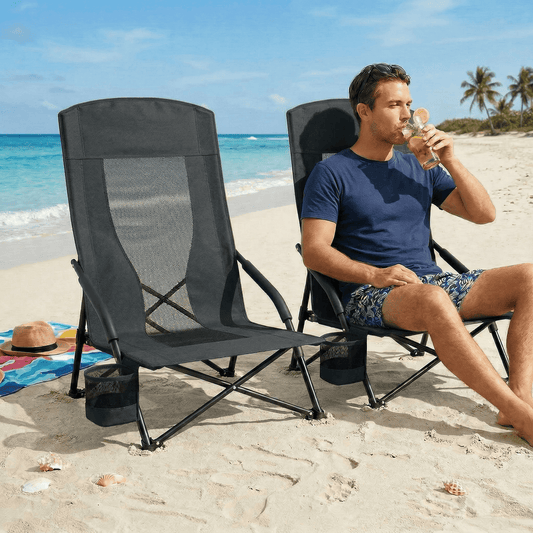 LAZY BUDDY High Back Beach Chair Set of 2, Portable Folding Low Seat Chair for Camping, Beach, Outdoor Concert, 350lbs