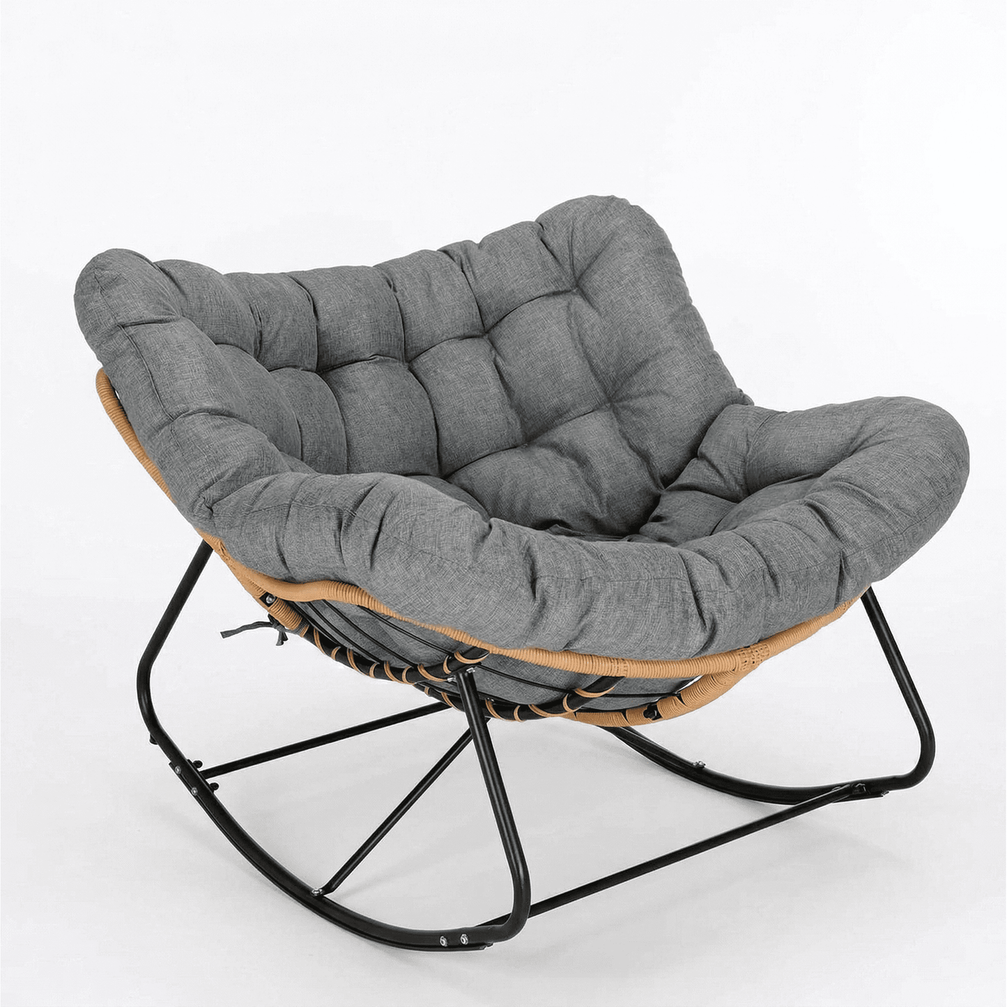 LAZY BUDDY Outdoor Papasan Rocking Chair, Oversized Lounge Chair Rocker with Thick Cushion, for Patio, Balcony, Porch and Indoor