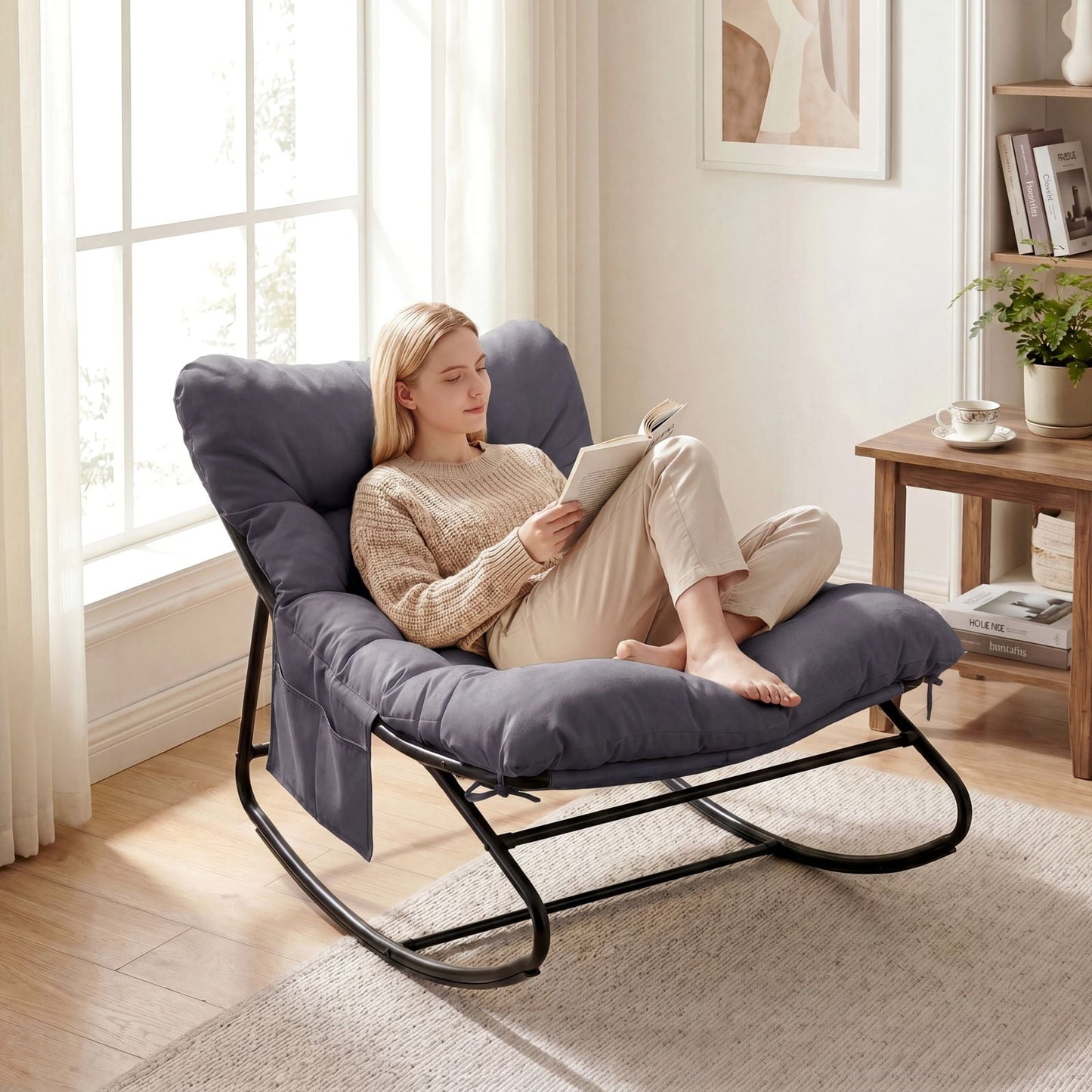 LAZY BUDDY Oversized Outdoor Rocking Chair, Comfy Papasan Rocker Chair with Thick Cushions for Living Room, Bedroom, Balcony, Patio