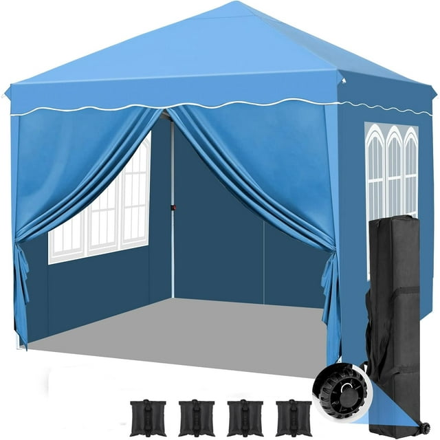 LAZY BUDDY Pop up Canopy Tent, 10x10 ft Commercial Instant Shelter Gazebo with Wheeled Bag, 4 Removable Side Walls, Blue