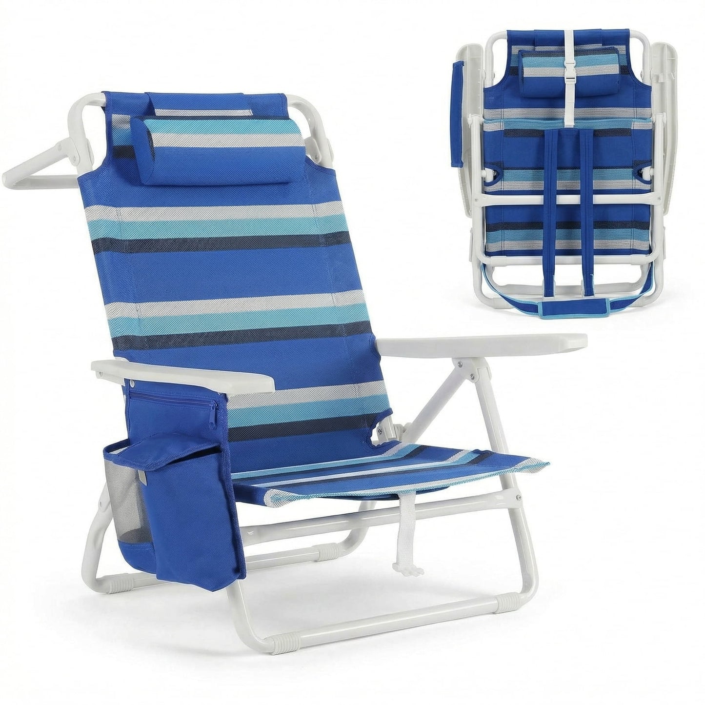 LAZY BUDDY  Low Beach Chair, Backpack Beach Chair for Adults with 5-Position, Lightweight Folding Beach Camping Chairs with Cup Holder, Storage Bag